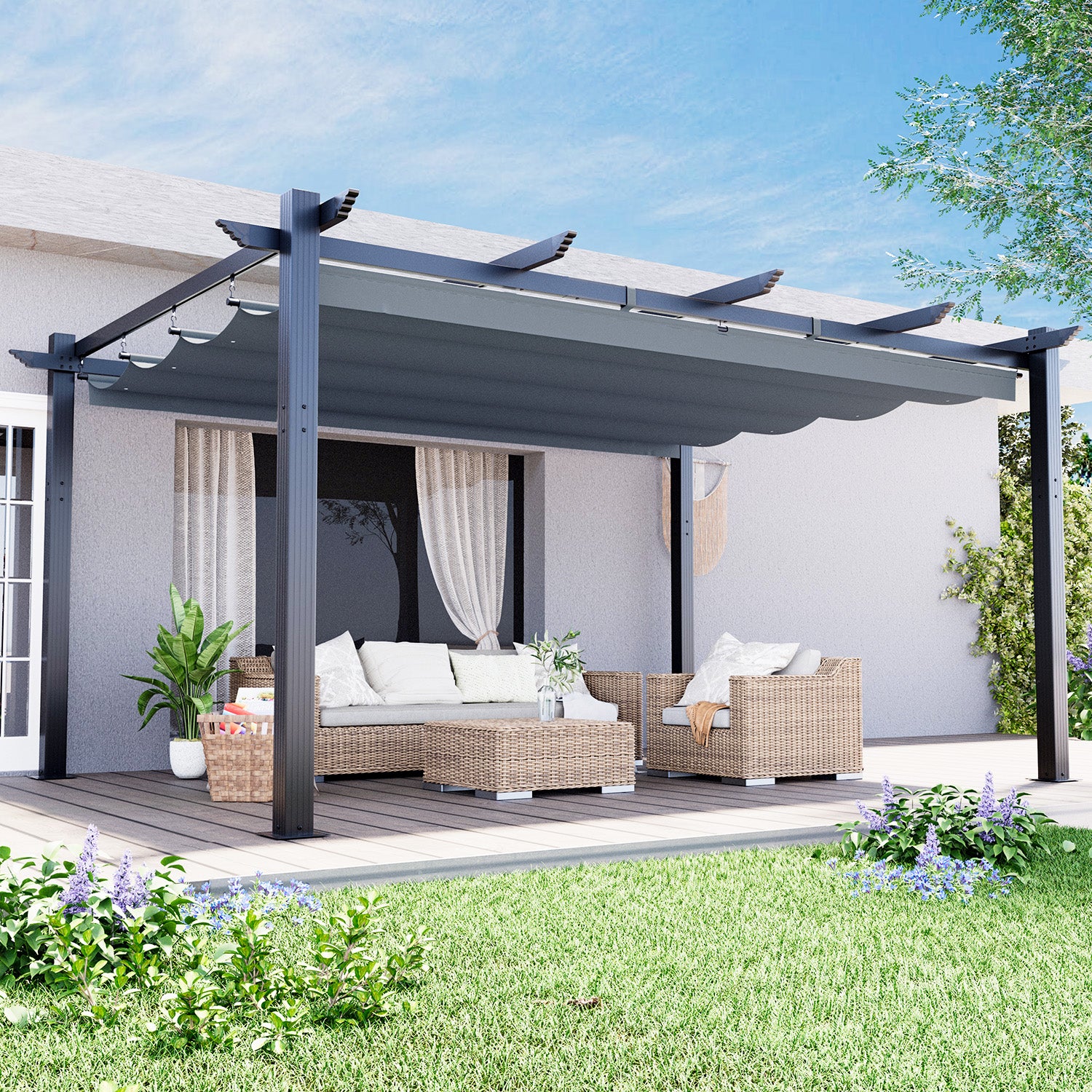 HOMREST Retractable Pergola 12x16 Ft, Outdoor Aluminum Shelter with Dual Adjustable Sun Shade Canopy for Patio Backyard, Locking System Includes Straps & Screws (Gray)