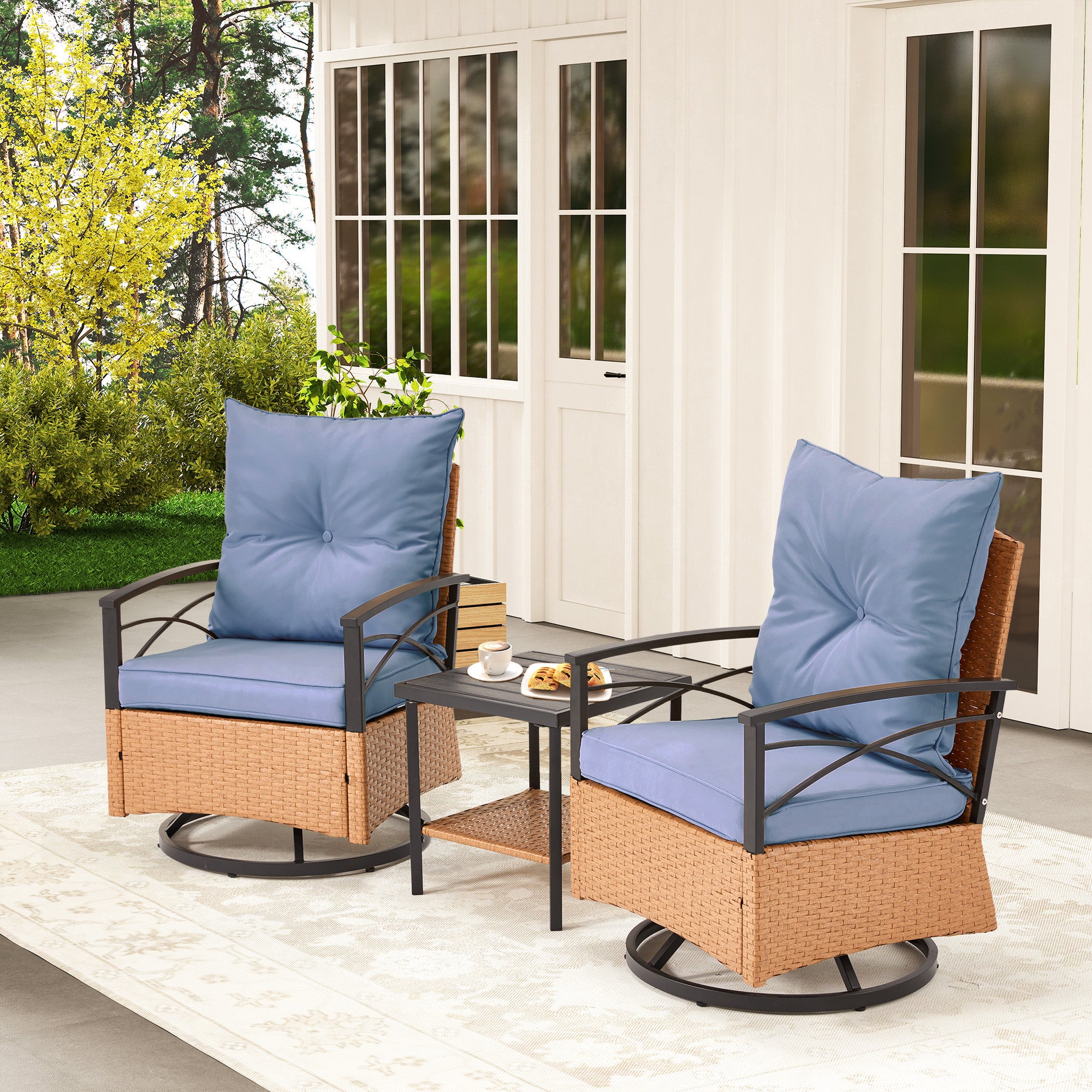 HOMREST 3-Piece Patio Swivel Rocker Set with Rattan Coffee Table, Blue