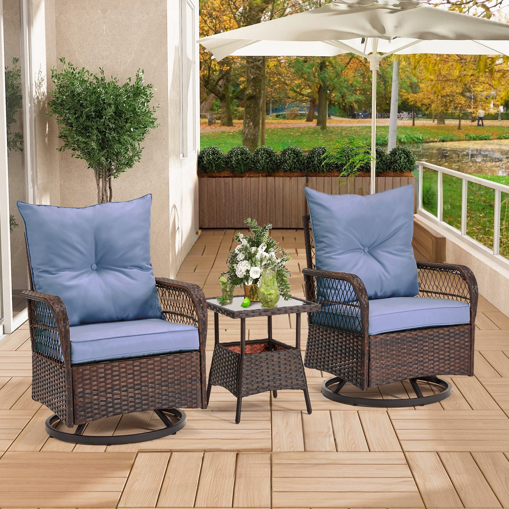 HOMREST 3-Piece Patio Swivel Rocker Set with Rattan Coffee Table, Blue