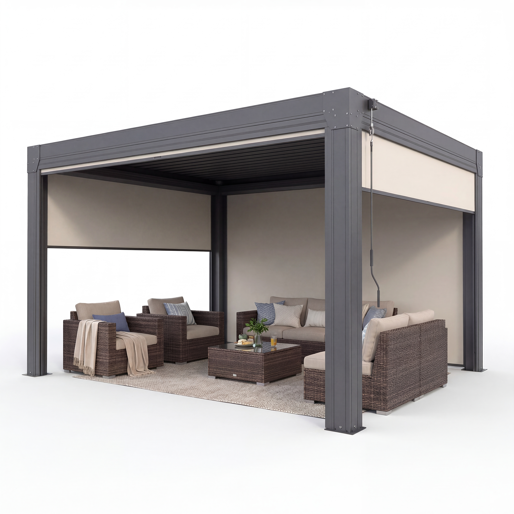 HOMREST 12' x 12' Louvered Pergola with Pull-Down Screens, Aluminum Outdoor Pergola with Retractable Roof for Patios, Decks & Backyards, Black