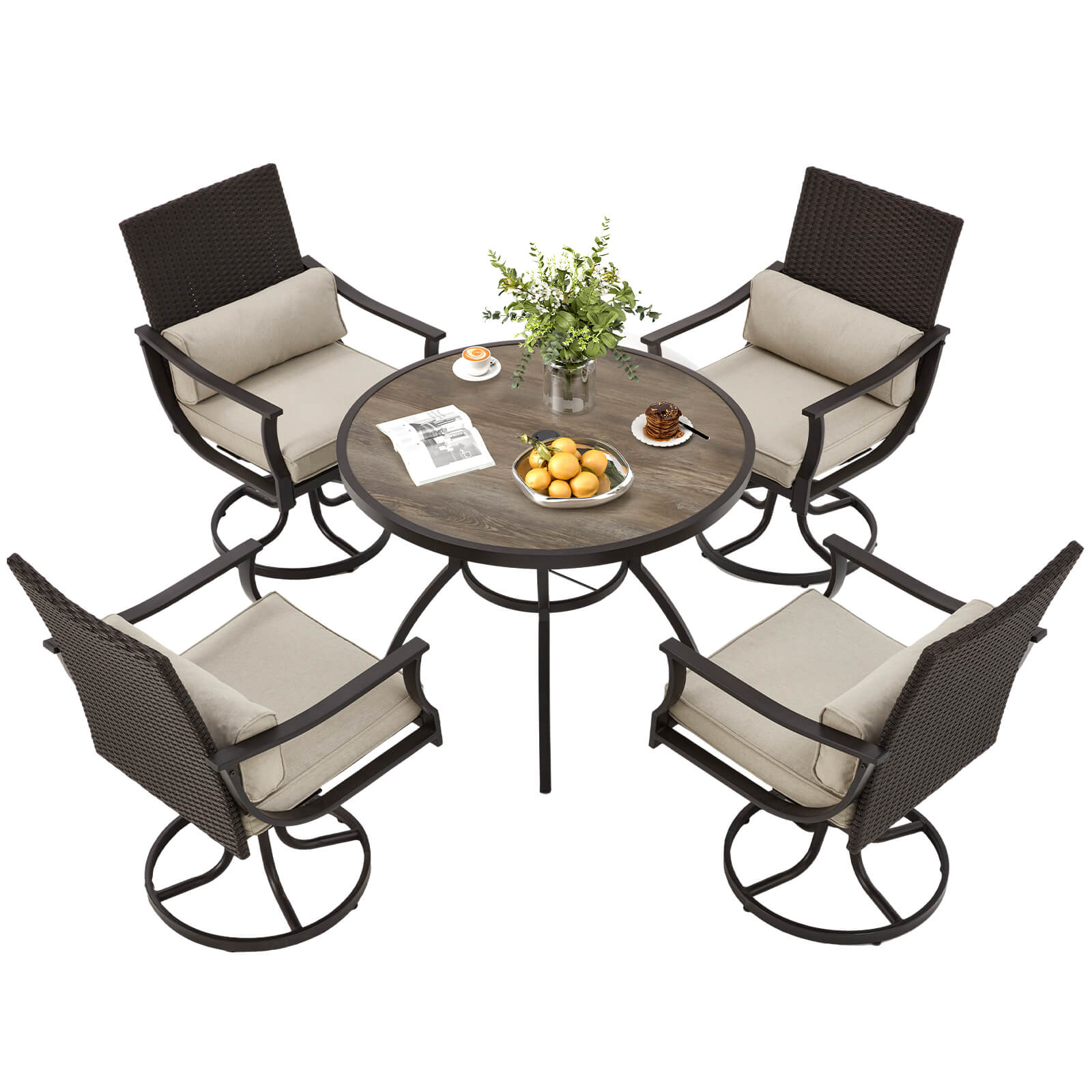 HOMREST 5-Piece Patio Dining Set, 4 Swivel Chairs & Large Round Table for Backyard, Deck, Patio