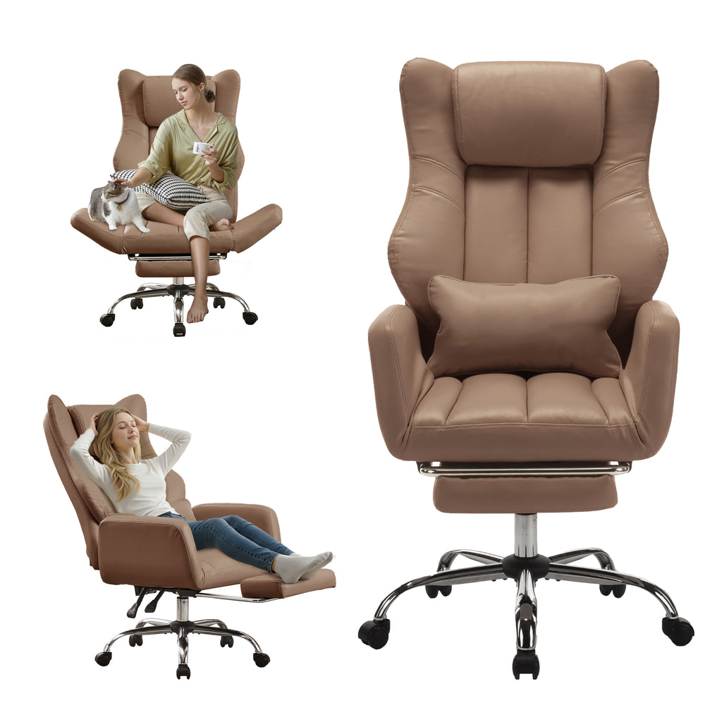 HOMREST Ergonomic Cross Legged Office Chair with Footrest,Big and Tall Leather Executive Chair with Reversible Armrest,Lumbar Pillow and Wheels,155° Reclining Computer Wide Desk Chair for Home,Office (Brown)