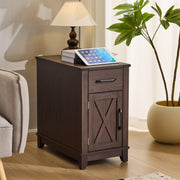 HOMREST Farmhouse End Table with Charging Station, Narrow Side Table for Living Room, Nightstand with Drawer and Storage Cabinet, Choco