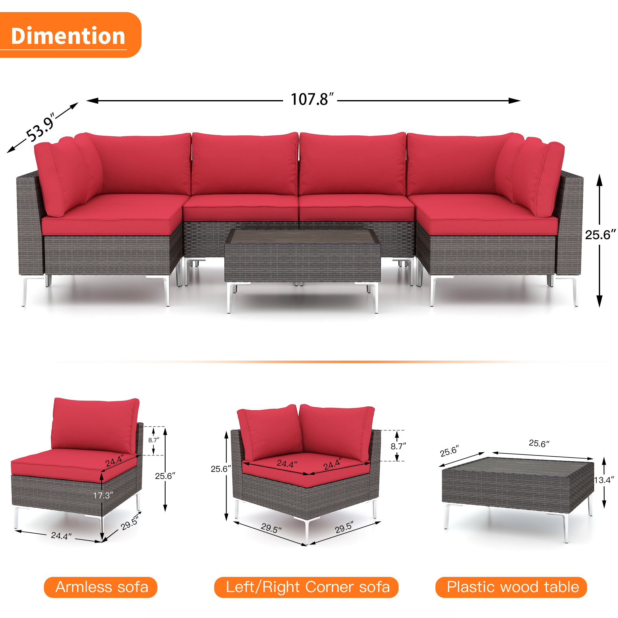 Product dimensions of 7 Pcs Outdoor Sectional Sofas All-Weather Patio Couch Set with Cushion/Tea Table, Red | Homrest Furniture