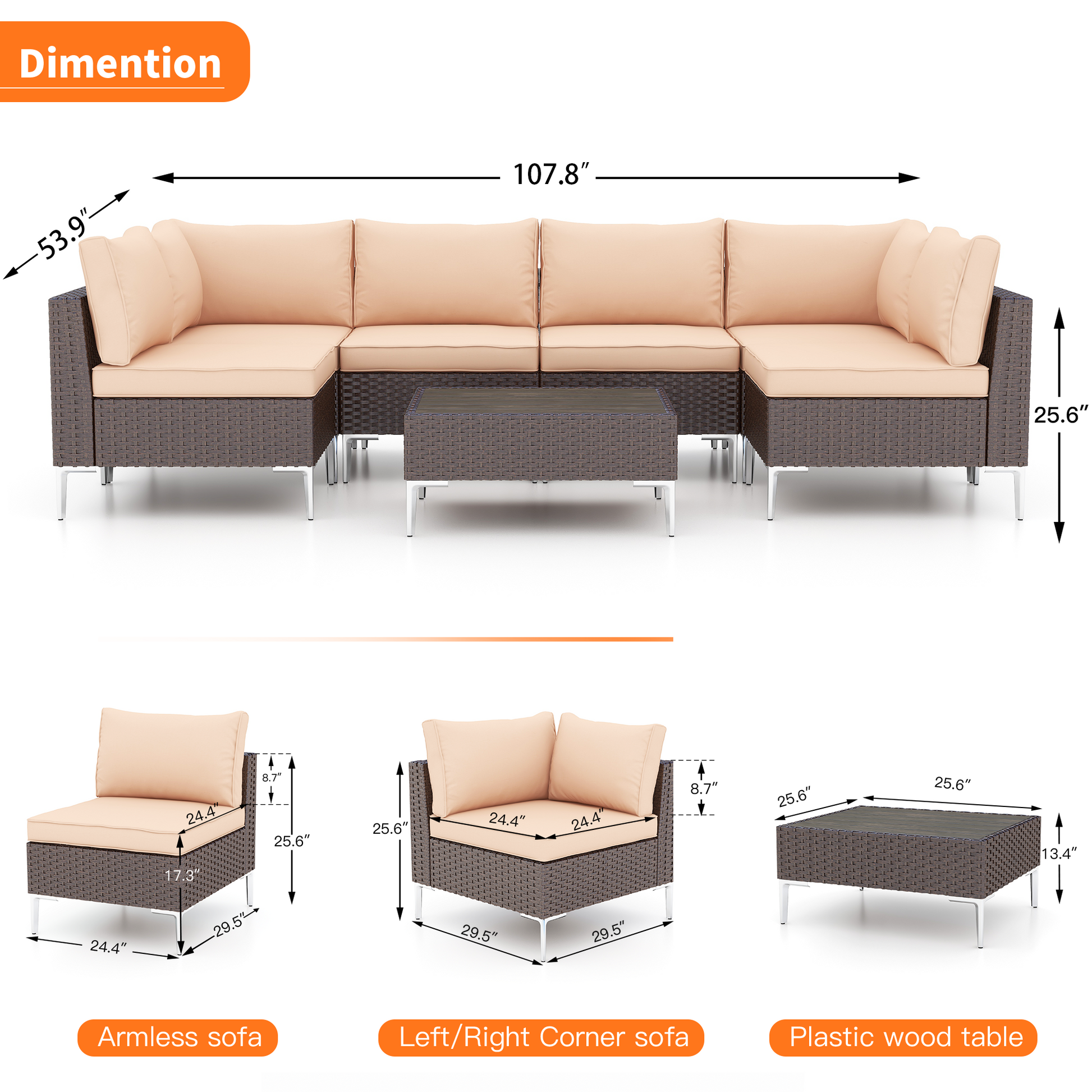 Product dimensions of Homrest 7 pcs patio sofa set.