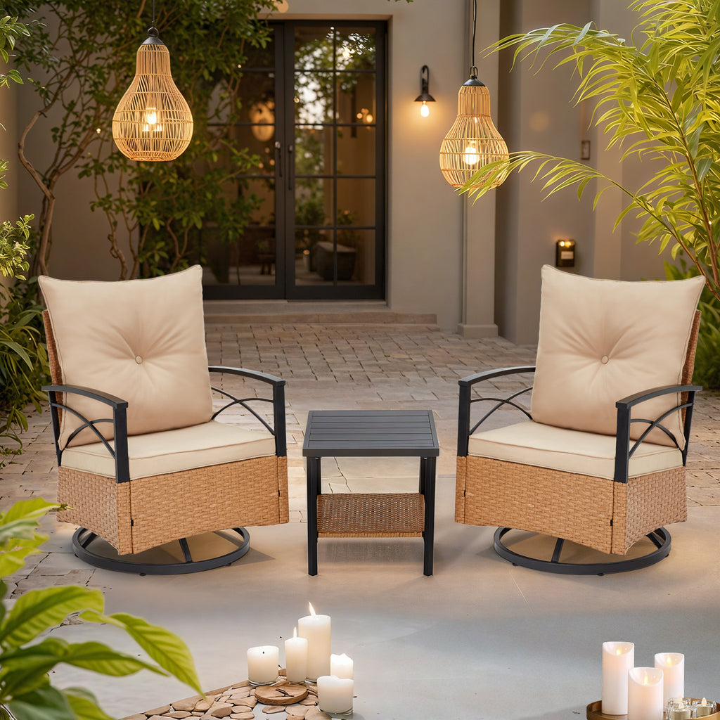 HOMREST 3-Piece Patio Swivel Rocker Set with Rattan Coffee Table, Beige