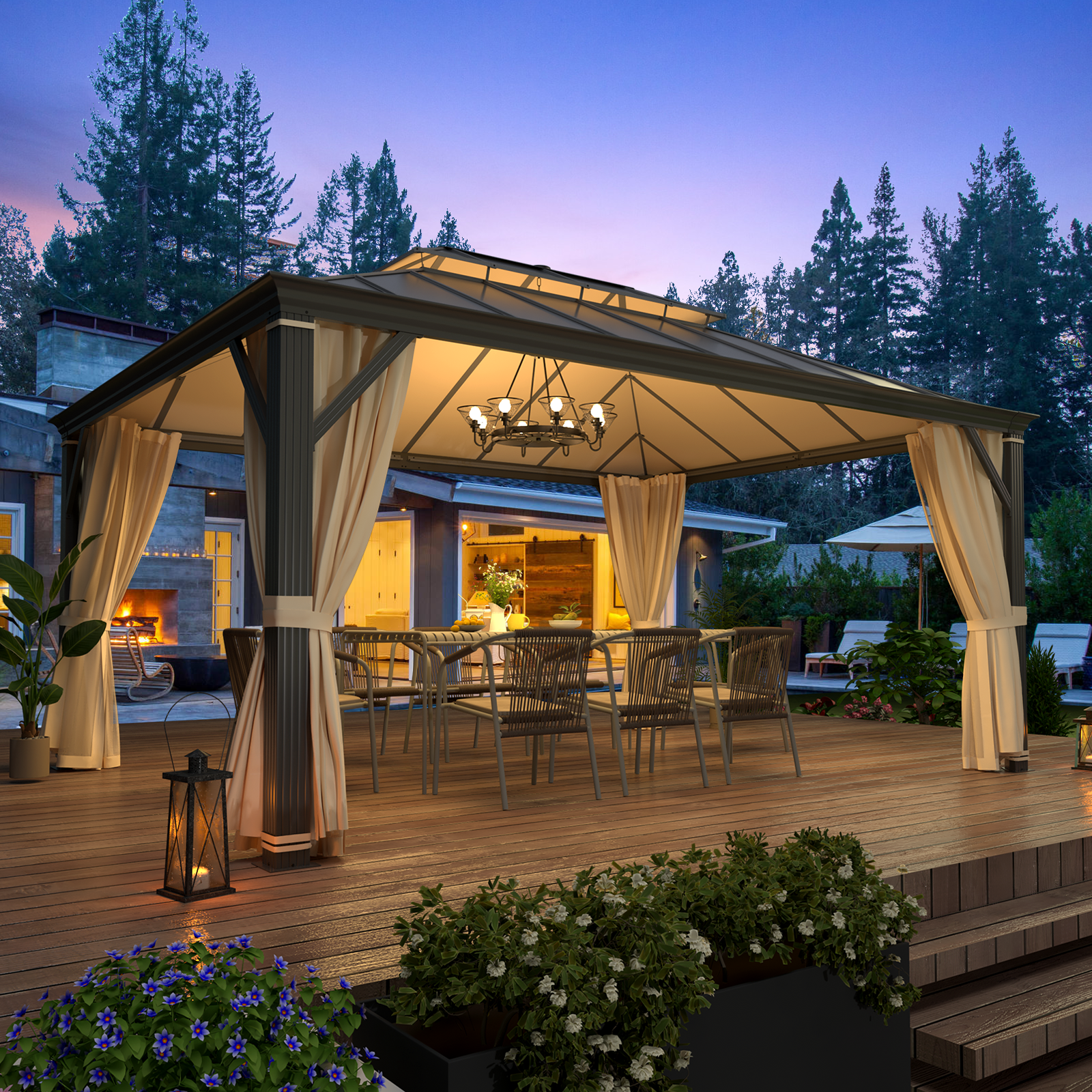 Homrest 12' x 16' Hardtop Gazebo, Permanent Outdoor Aluminum Patio Gazebo, Double Roof, Patio and Garden, Curtains and Netting