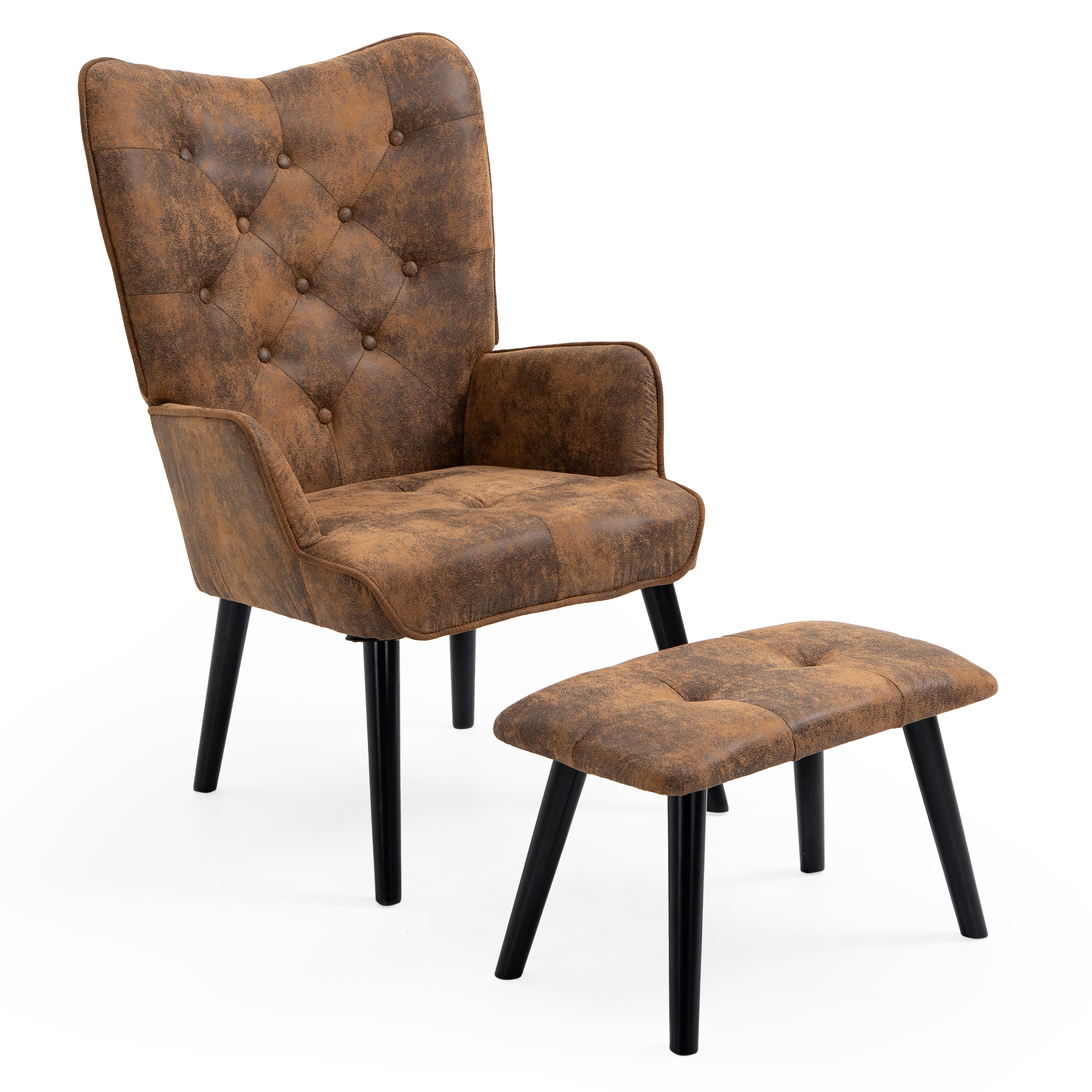 HOMREST Accent Chair with Ottoman(Anti-Skid Feet Caps), Button Wingback Leisure Single Sofa, Arms Upholstered Tall Back Desk Chair, Brown