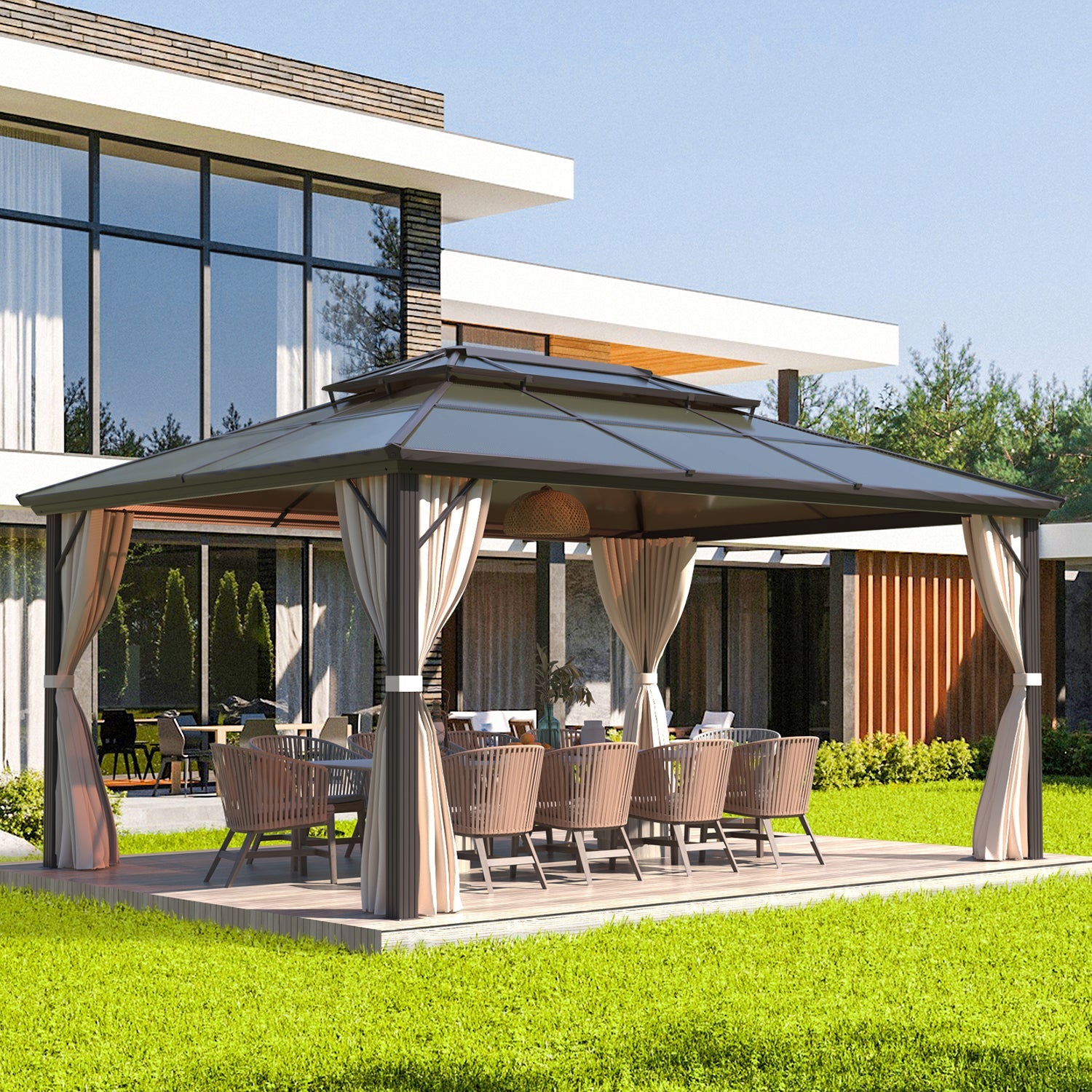 Homrest 12'x16' Patio Hardtop Gazebos Canopy Polycarbonate Double-Roof w/ Netting & Curtains - Homrest