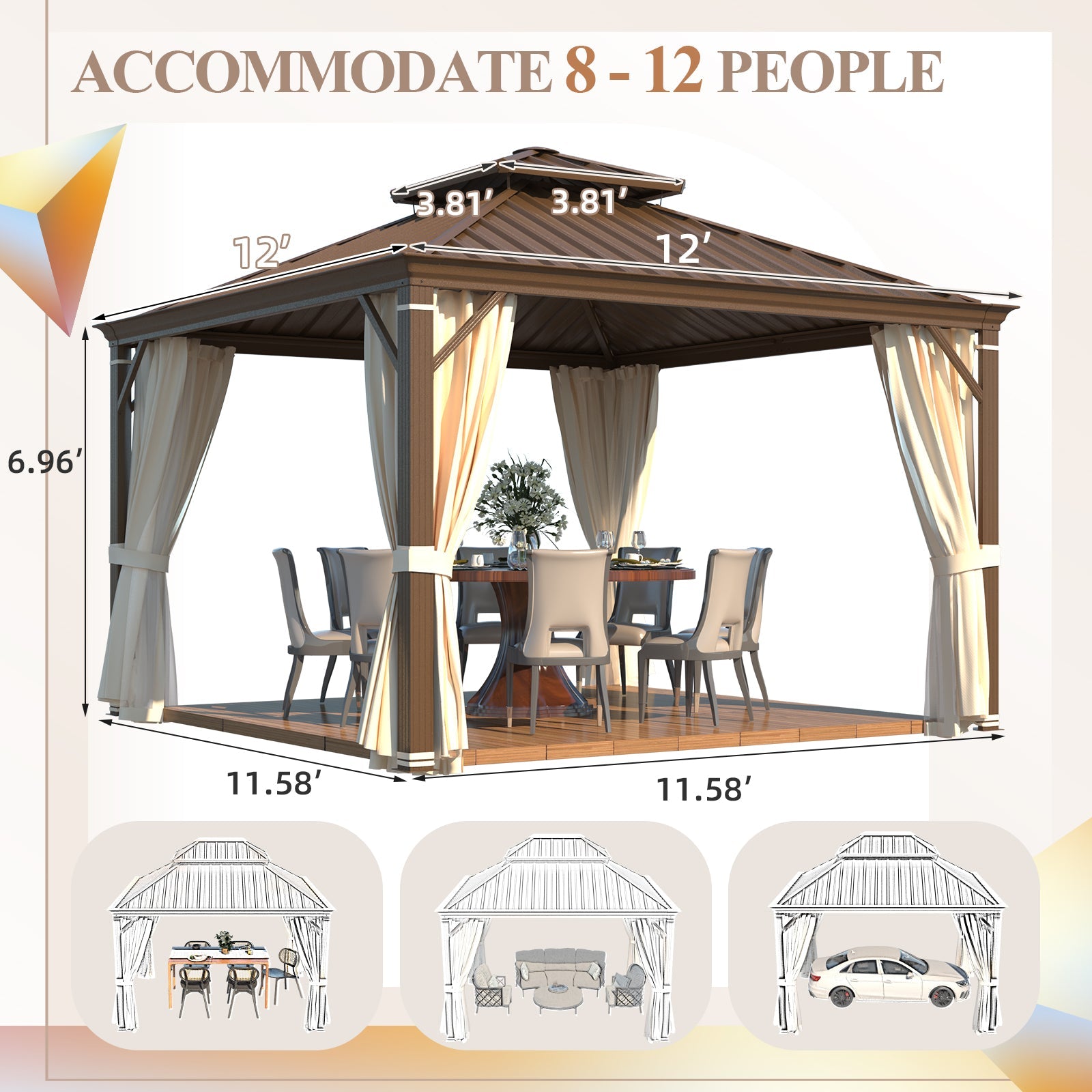 Homrest 12' x 12' Hardtop Gazebo with Aluminum Frame, Dark Gray