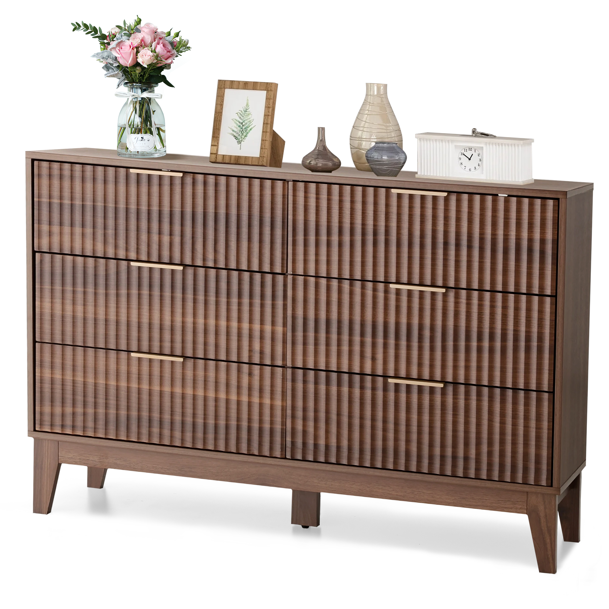 HOMREST Fluted Dresser for Bedroom, 6 Drawer Modern Dresser, Wide Modern Chest of Drawers with Metal Handle, Mid Century Modern Dresser, Walnut