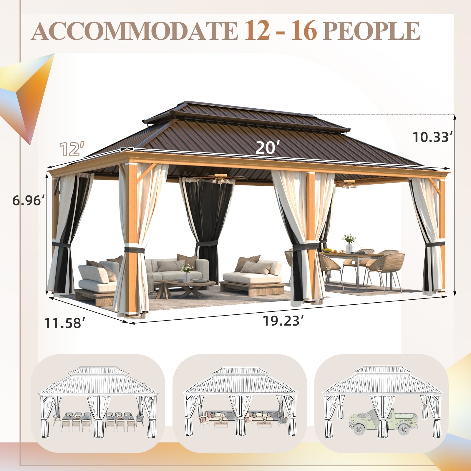 Homrest 12' x 20' Hardtop Gazebo with Aluminum Frame, Wood-Grain