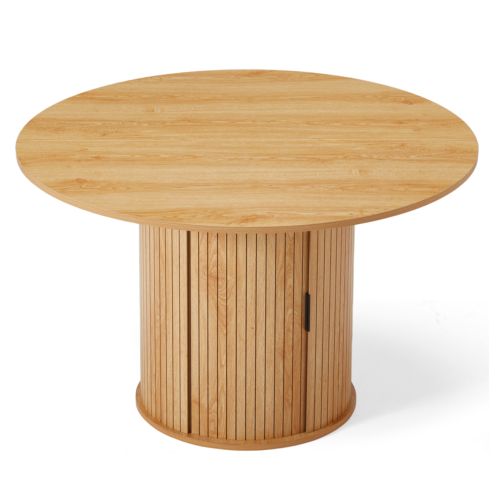 Homrest 47-inch Round Dining Table for 4-6, Farmhouse Circle Kitchen Table with 2-Layer Storage Shelf and Wood Slide Door, Modern Fluted Design Wooden Dining Desk for Dining Room, Natural