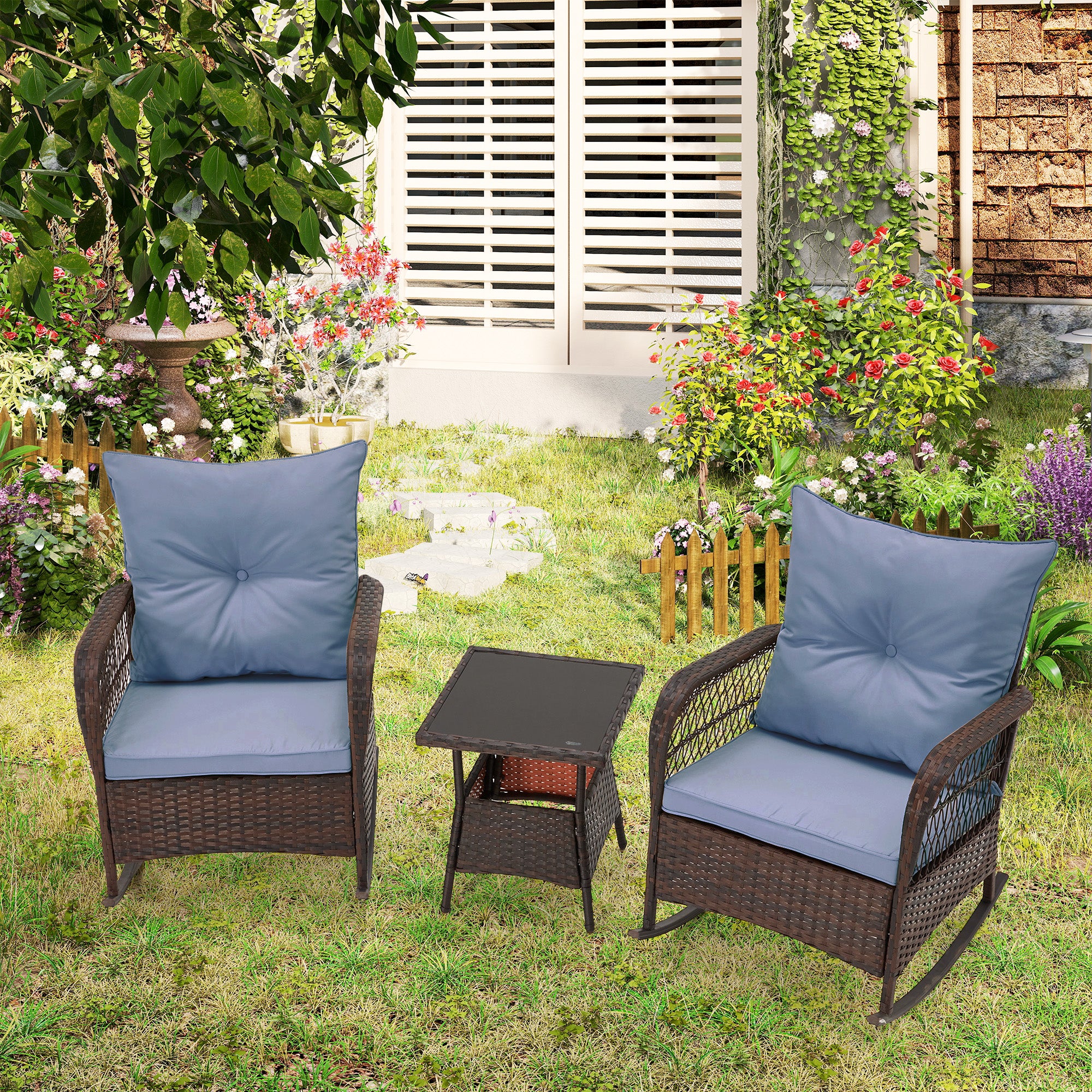 HOMREST 3-Piece Rattan Rocking Bistro Set with Glass Coffee Table for Porch & Garden