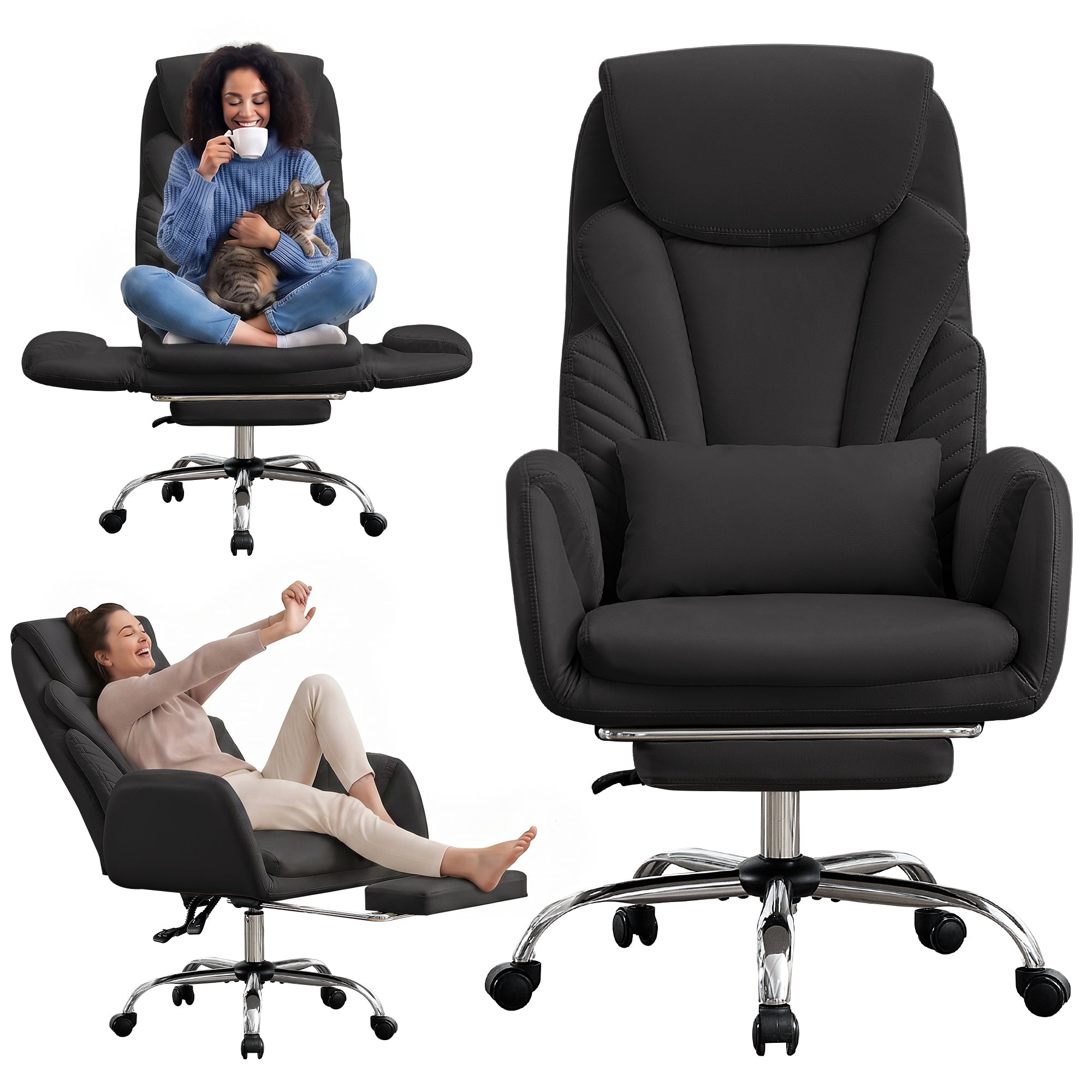 HOMREST Modern Cross Legged Office Chair with Footrest,Leather Ergonomic Executive Chair with Lumbar Pillow, Black