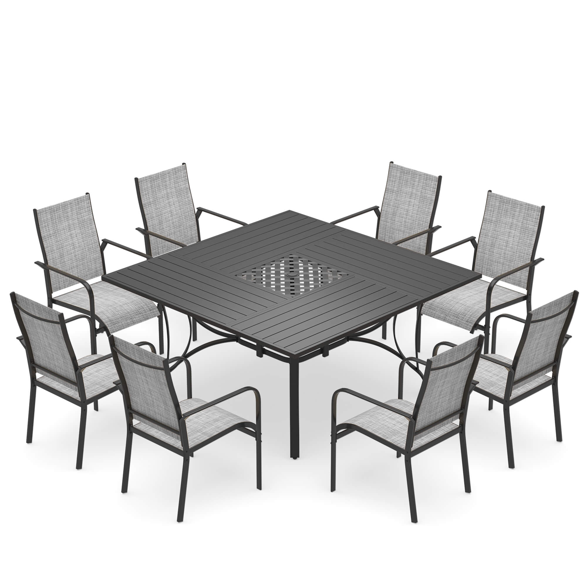 HOMREST 9 Piece Patio Dining Set, Outdoor Dining Table And Chairs Set For 8, 8 PVC-coated polyester Chairs, 1 Iron Square Table With Adjustable Umbrella Hole (1.57"-1.97"), Gray