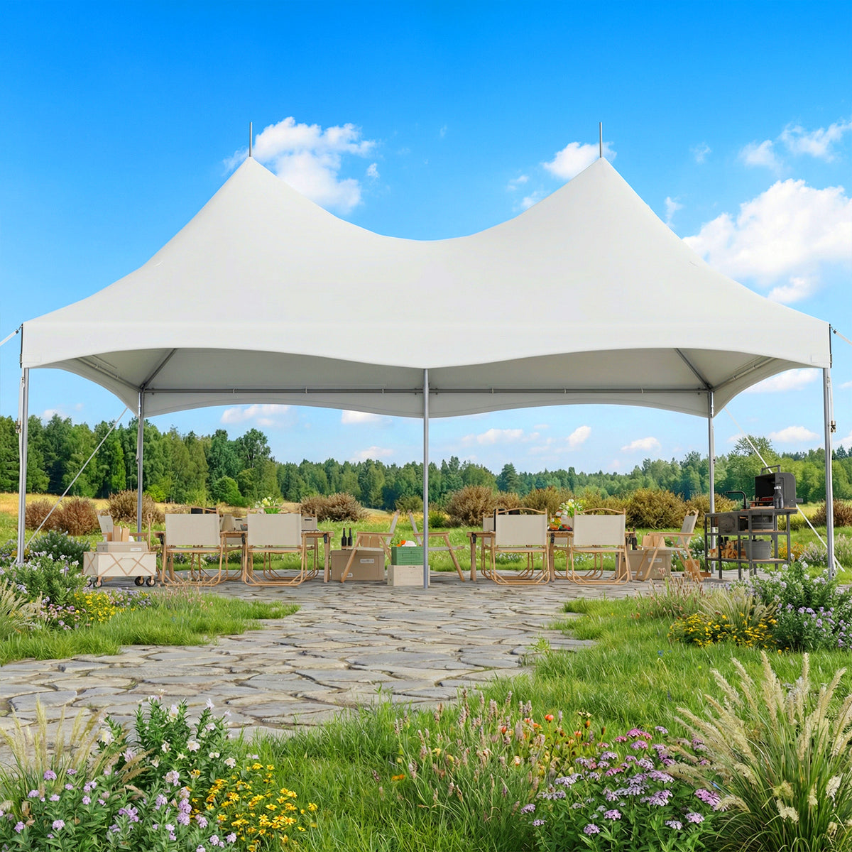 HOMREST  20x30ft Party Tent Outdoor Wedding Tent Heavy Duty Peaked Frame Canopy With Fire Retardant PVC Top 100 Person For Event Commercials White