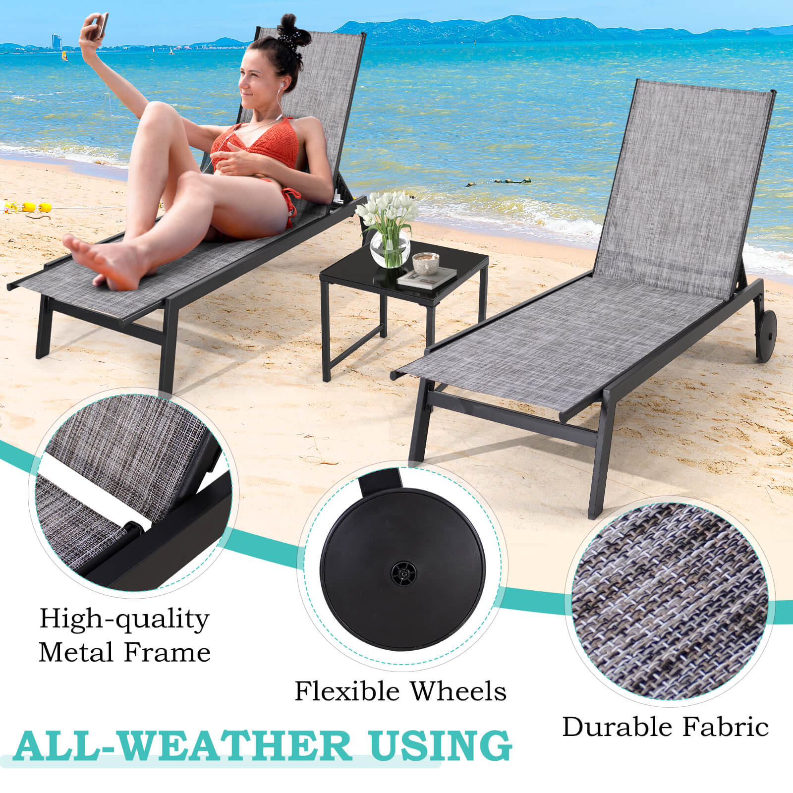 HOMREST 23 Inches Patio Chaise Lounge Chair Set of 2 with Table, Waterproof Outdoor Poolside Recliners, Grey
