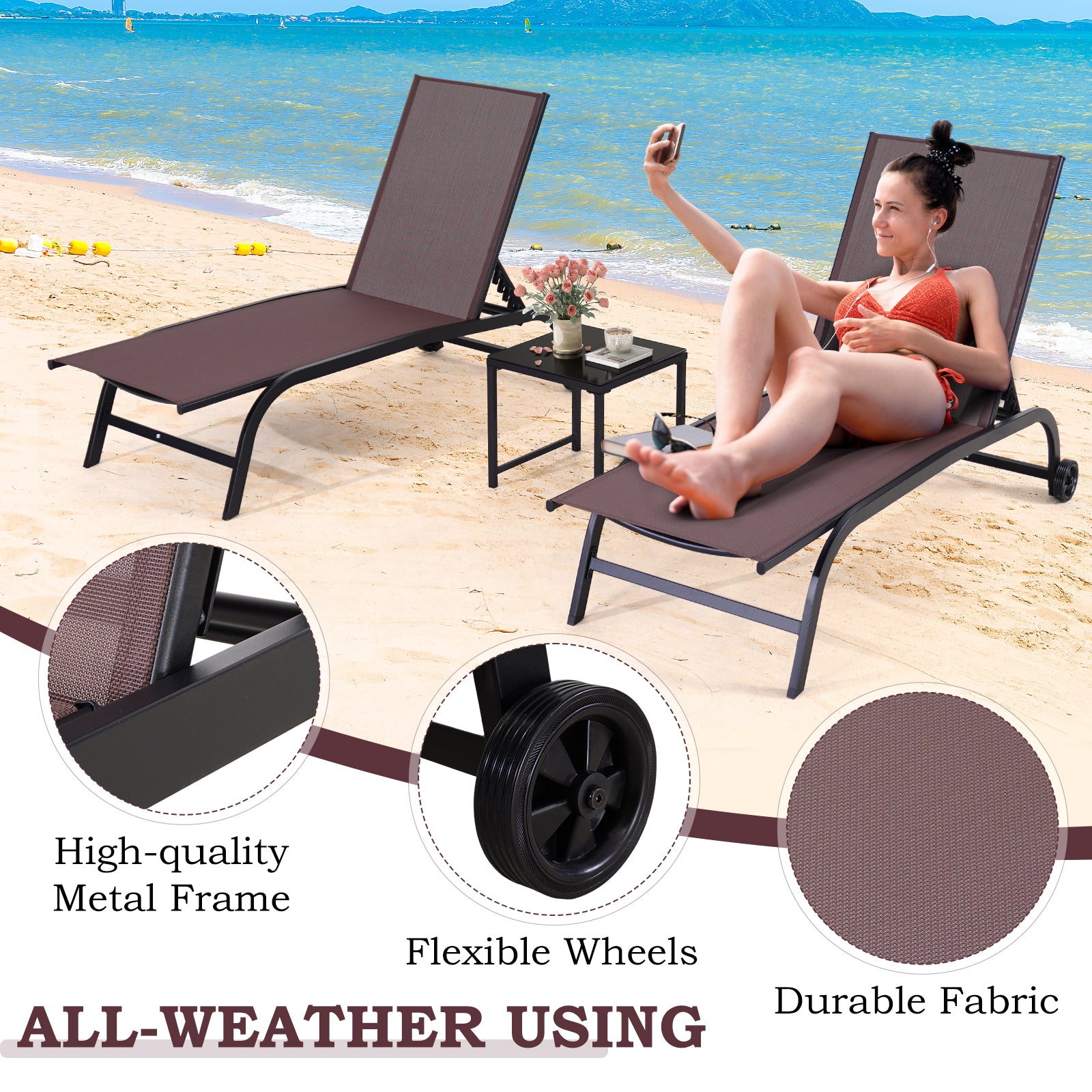HOMREST  Oversized 26" W Patio Chaise Lounge Chair Set of 2 with Table, Adjustable Backrest & Wheels, Brown