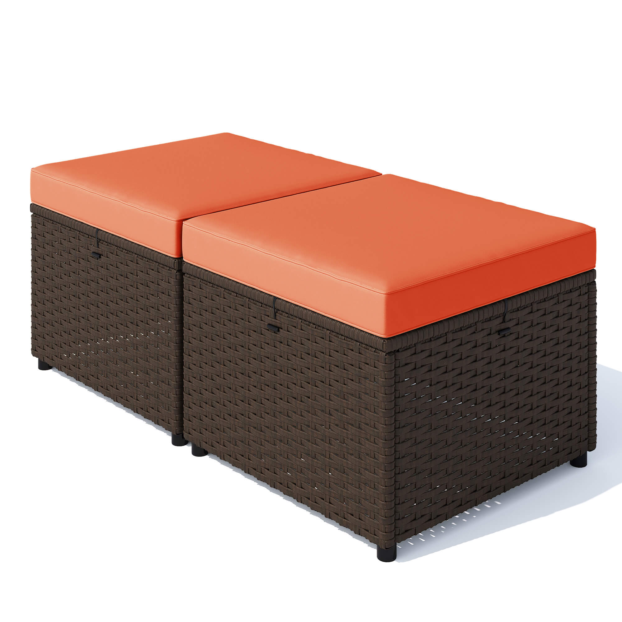 HOMREST 2 Piece All-Weather Outdoor Wicker Ottoman, Patio Footrest & Extra Seat with Thick Cushion (Orange)
