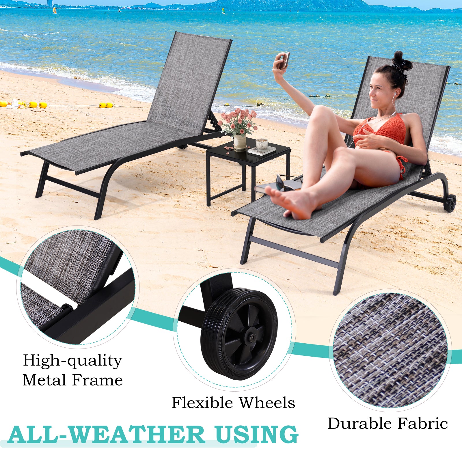 HOMREST Oversized 26" W Patio Chaise Lounge Chair Set of 2 with Table, Adjustable Backrest & Wheels, Grey