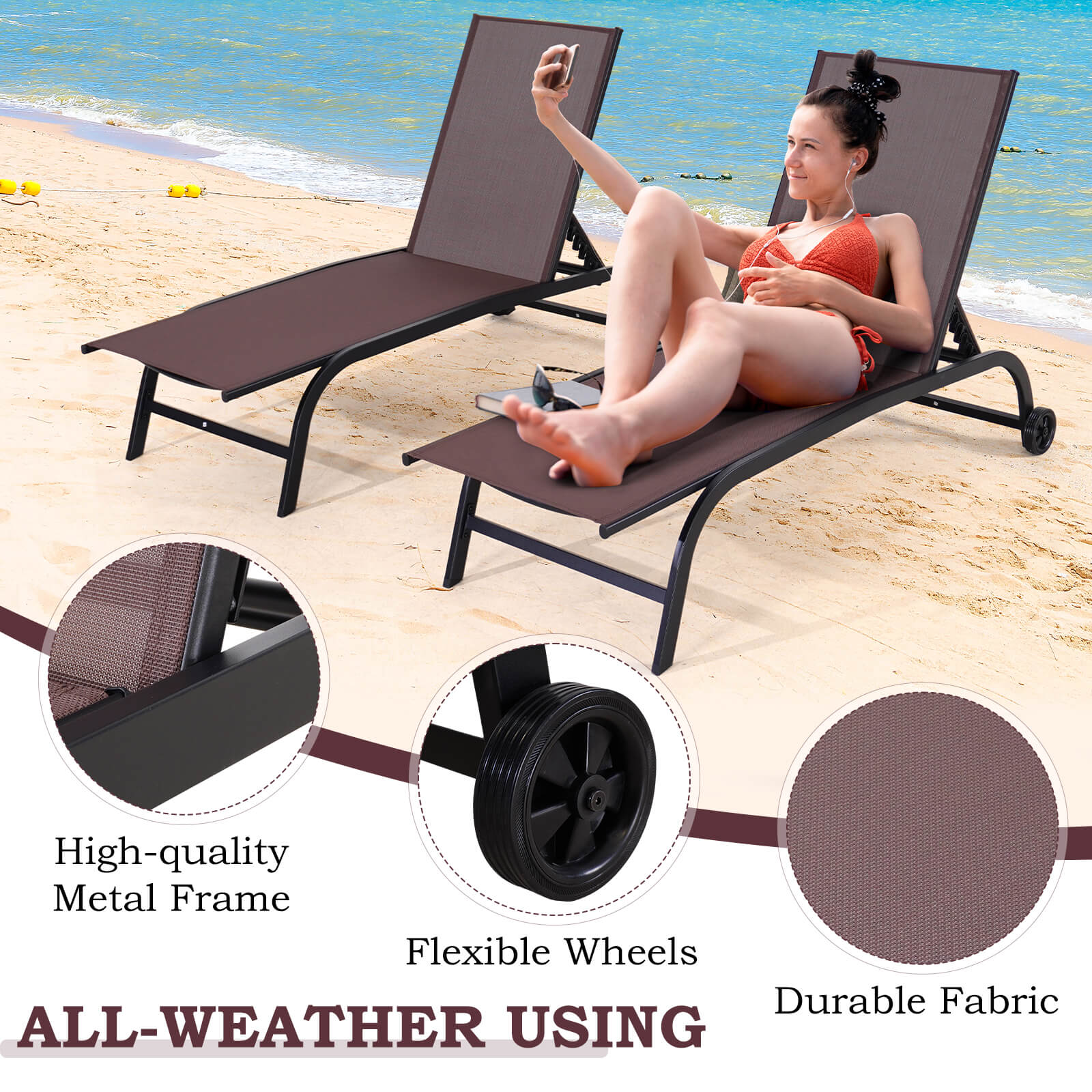 HOMREST  Oversized 26" W Patio Chaise Lounge Chair Set of 2 with Wheels, Oversized 26" W Outdoor Lounge Chairs, Brown