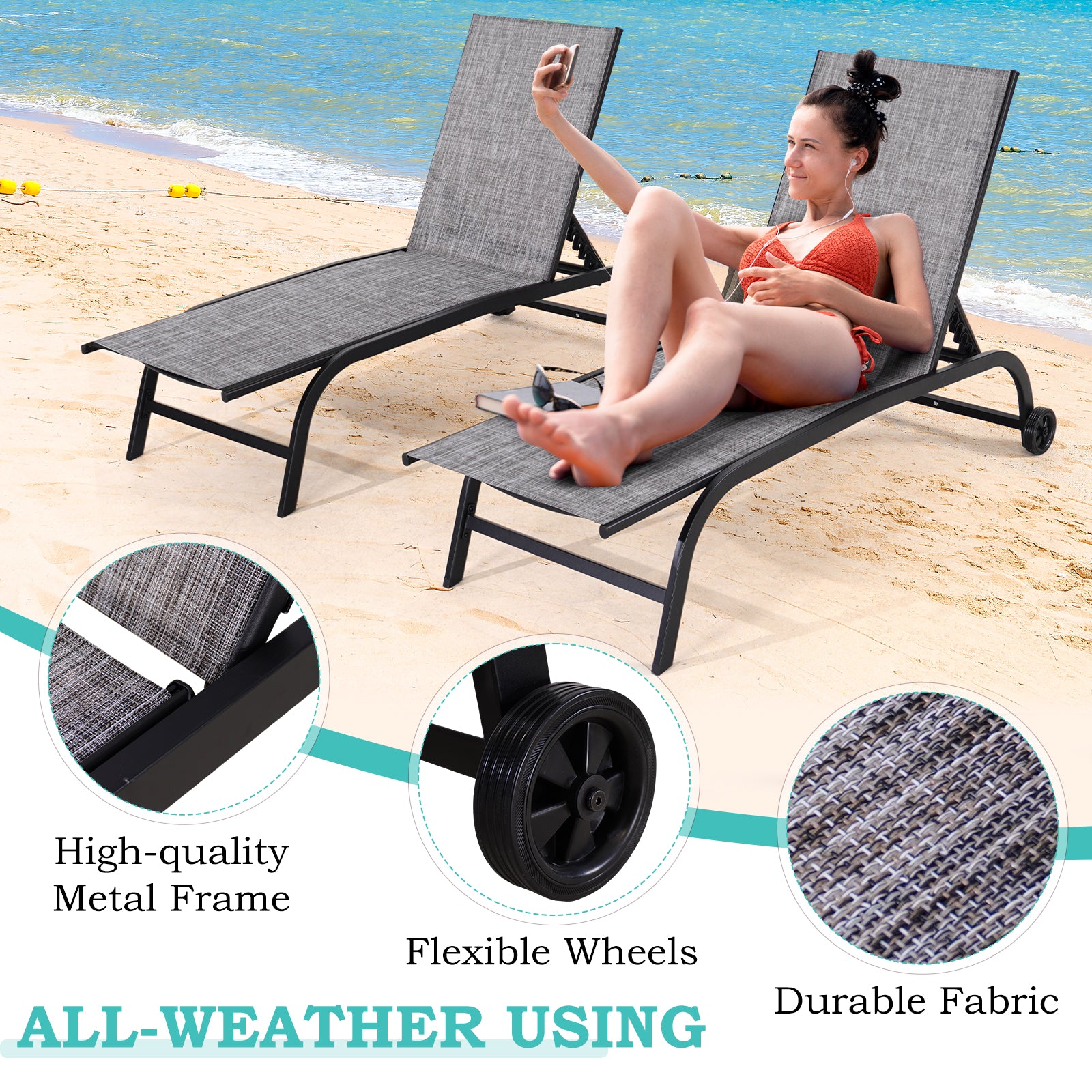 HOMREST  Oversized 26" W Patio Chaise Lounge Chair Set of 2 with Table, Adjustable Backrest & Wheels, Grey