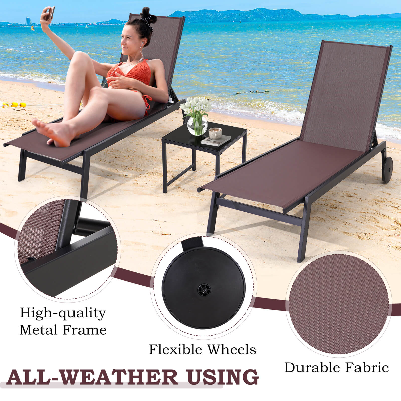 HOMREST 23 Inches Patio Chaise Lounge Chair Set of 2 with Table, Adjustable Backrest & Wheels, Brown