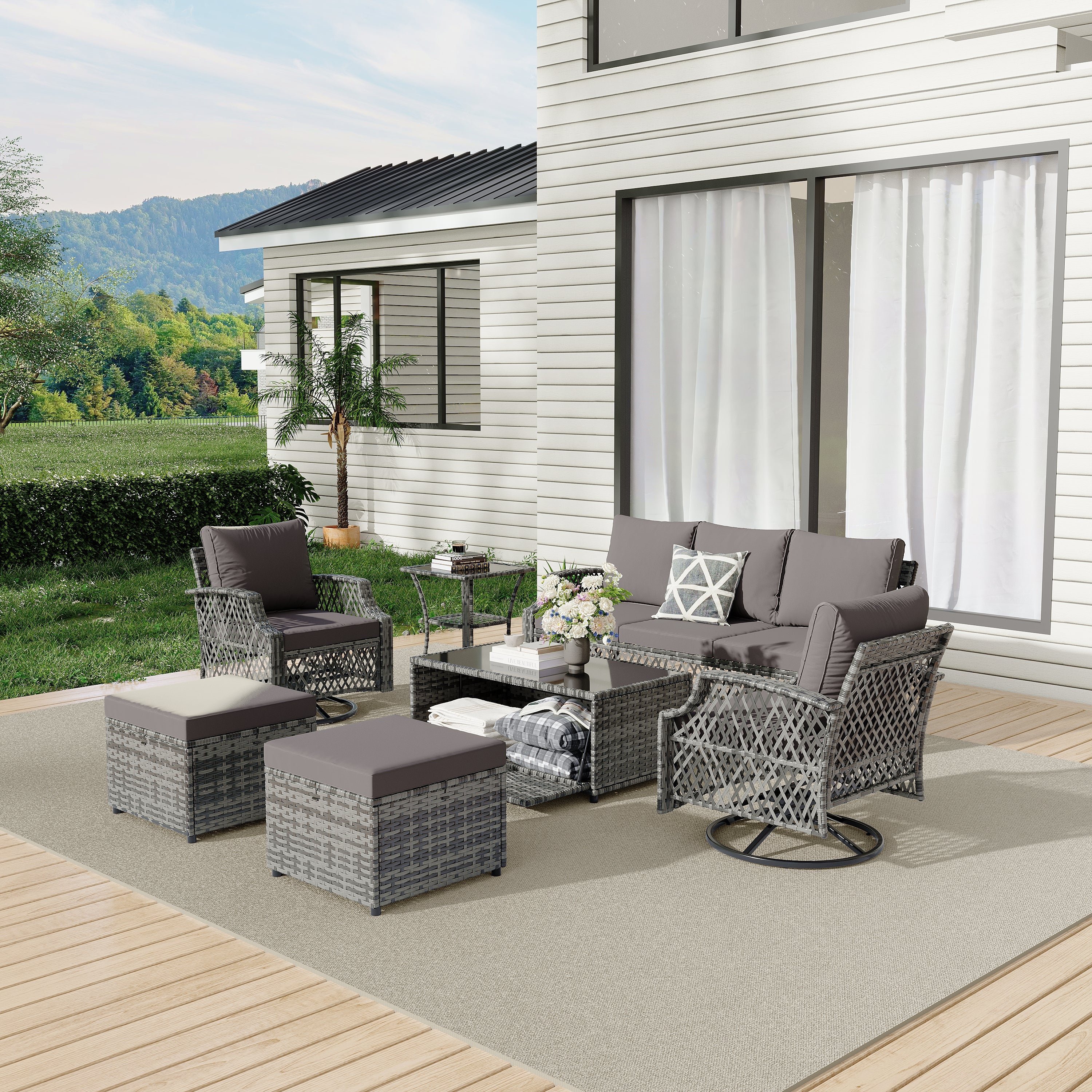 HOMREST 7 Piece Patio Furniture Set, Rattan Outdoor Sectional for Deck Backyard Porch (Gray)