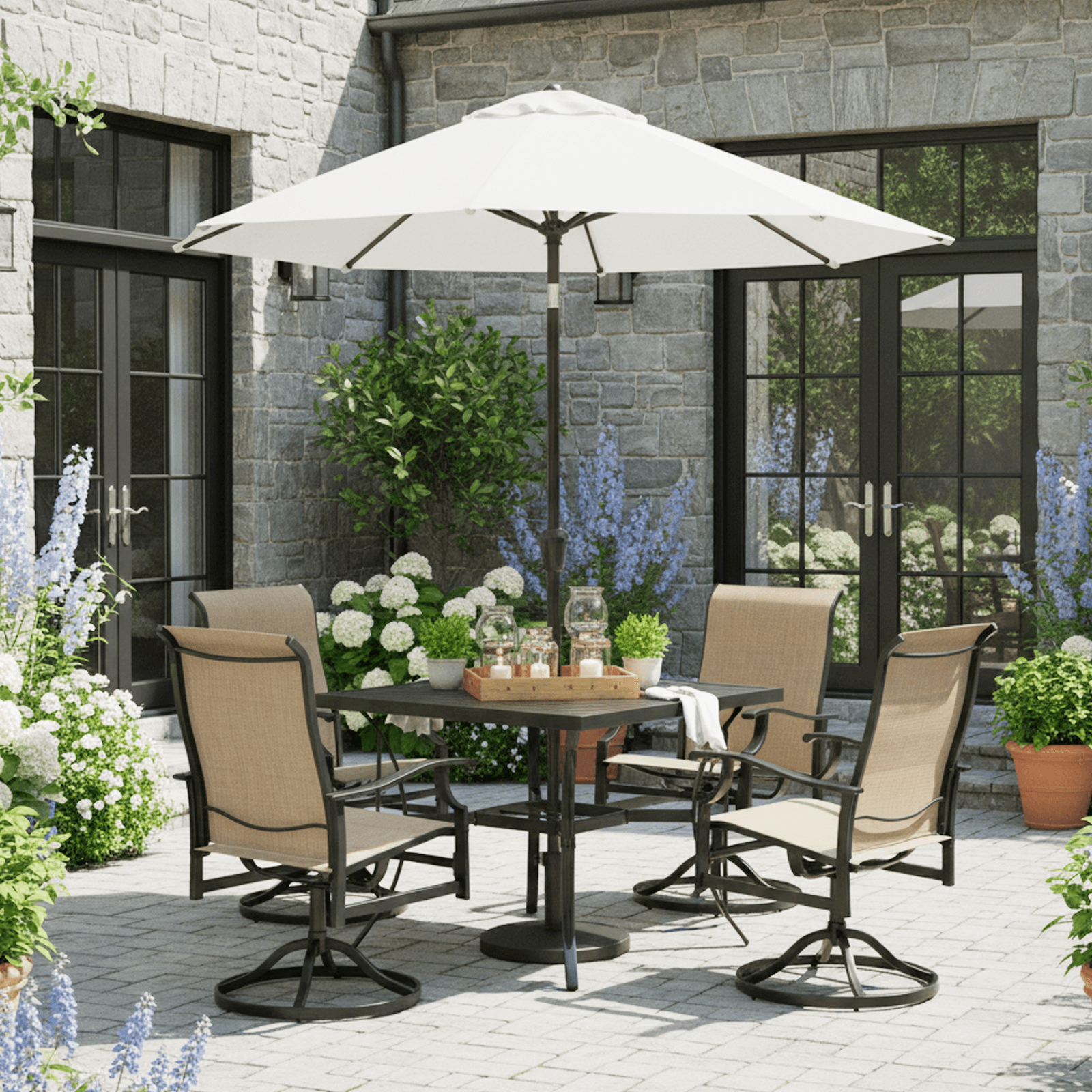 HOMREST 5-Piece Patio Furniture Set Outdoor Dining Table & Chairs with Umbrella Hole, 360° Swivel Rocking Chair, Brown