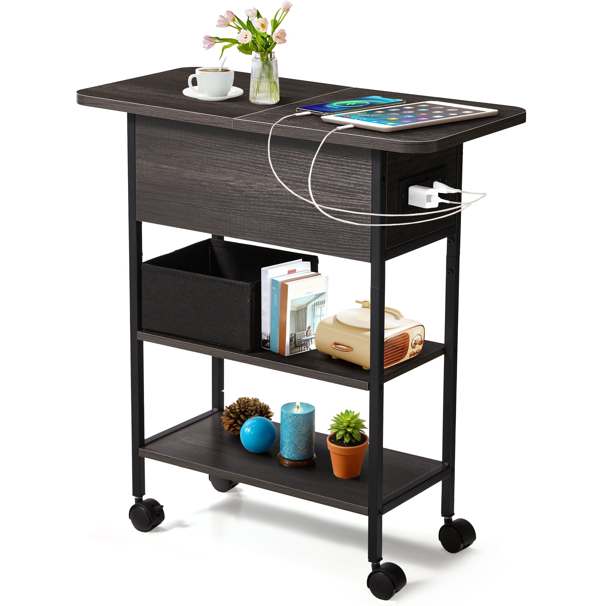 HOMREST Multi-Functional Flip Side Table, 360° Swivel Wheels & Storage Shelf for Living Room/Bedroom, Rustic Brown Wood End Table, Gray