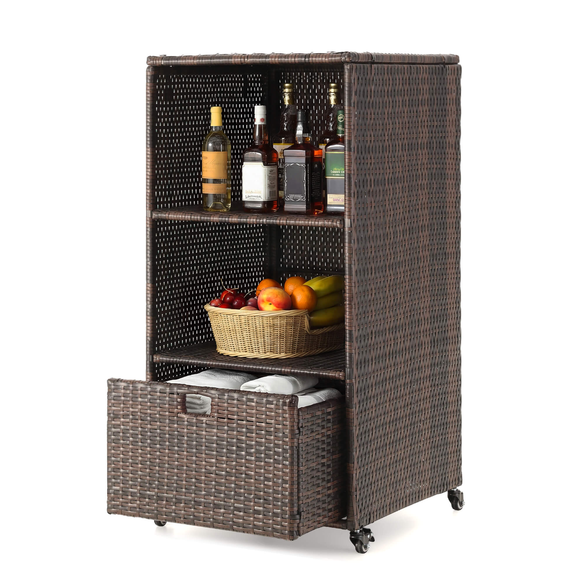 HOMREST Outdoor Pool Towel Rack with Storage Cabinet, Waterproof PE Rattan Wicker Poolside Towel Organizer with Shelves & Drawer, Rolling Wheels Towel Valet Caddy, Brown