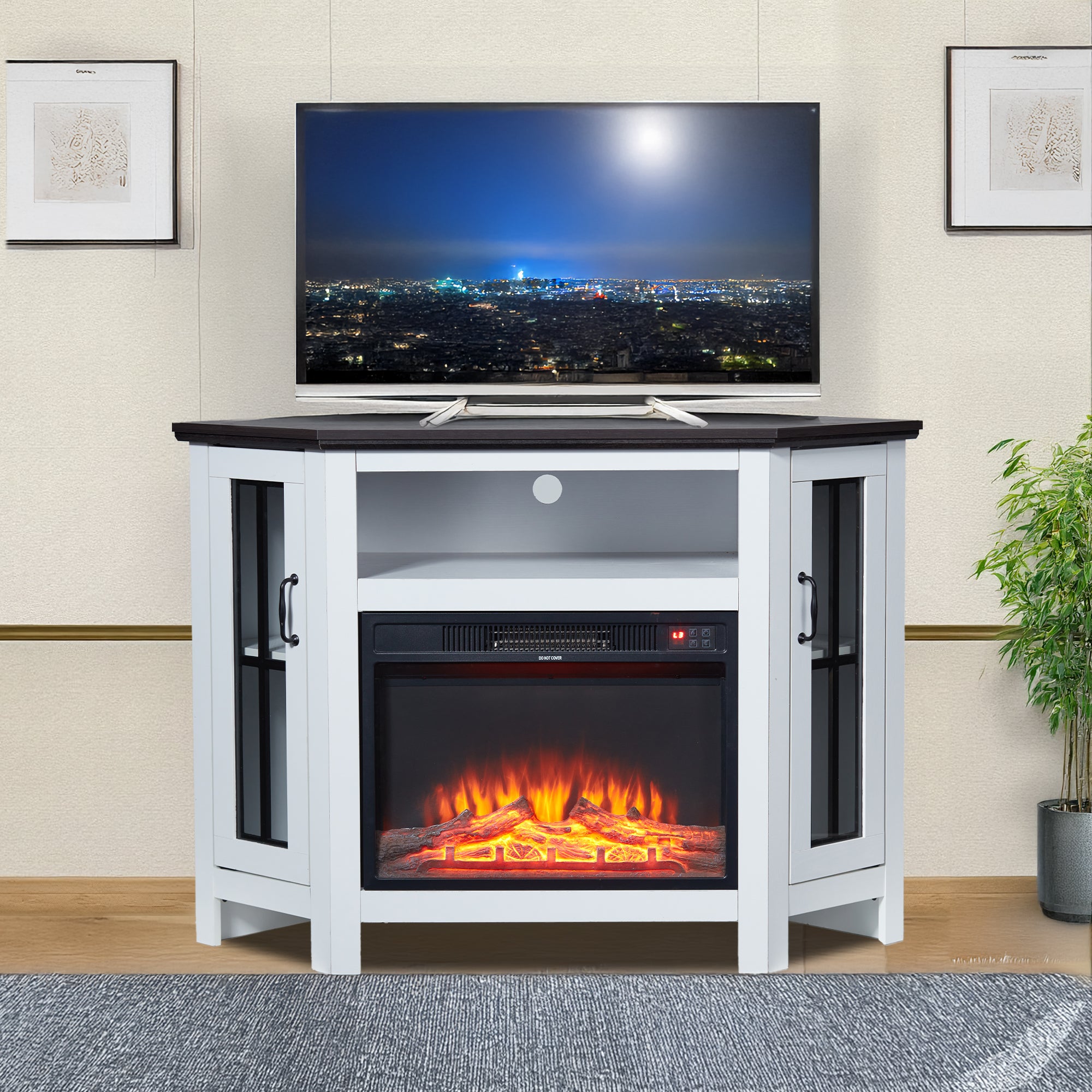 HOMREST 48" Deep Walnut Corner Fireplace Cabinet with 23" Electric Fireplace
