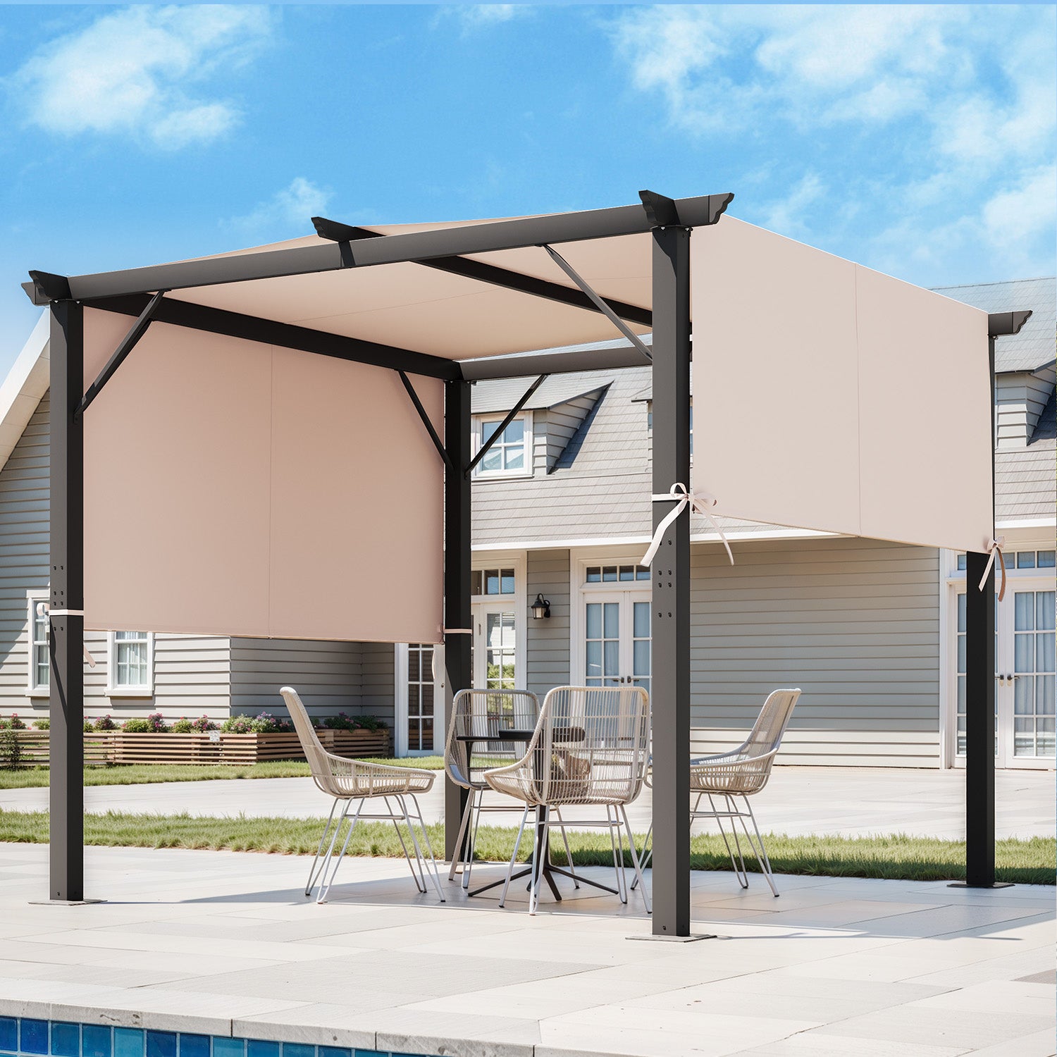 HOMREST Outdoor Pergola 10x10 Ft, Metal Freestanding Shelter with Adjustable Side Sun Shades, Canopy for Patios Backyard Garden Deck (Beige)