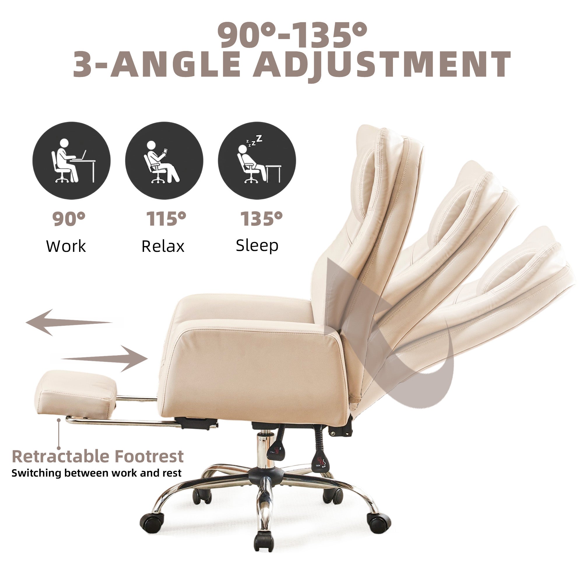 HOMREST Ergonomic Home Office Chair with Flip-Up Armrests, 135° Reclining Computer Desk Chair, Nappa PU Leather, Beige