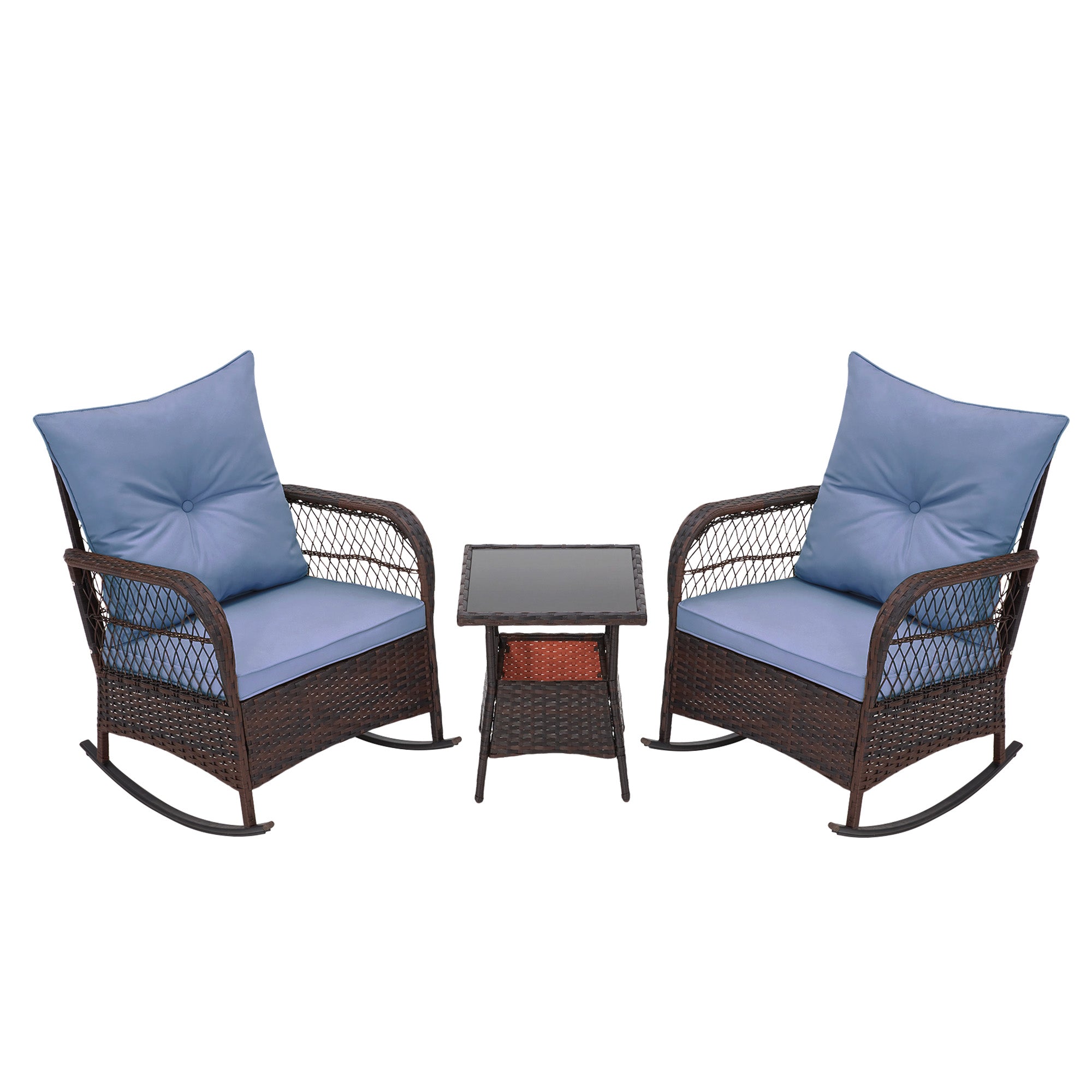 HOMREST 3-Piece Rattan Rocking Bistro Set with Glass Coffee Table for Porch & Garden