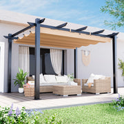 HOMREST Retractable Pergola 10x13 Ft, Outdoor Aluminum Shelter with Dual Adjustable Sun Shade Canopy for Patio Backyard, Locking System Includes Straps & Screws (Khaki)
