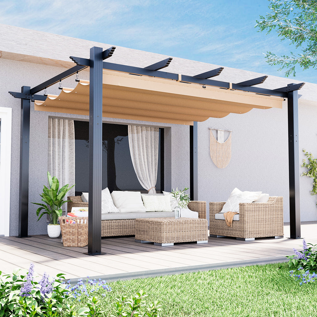 HOMREST Retractable Pergola 10x13 Ft, Outdoor Aluminum Shelter with Dual Adjustable Sun Shade Canopy for Patio Backyard, Locking System Includes Straps & Screws (Khaki)