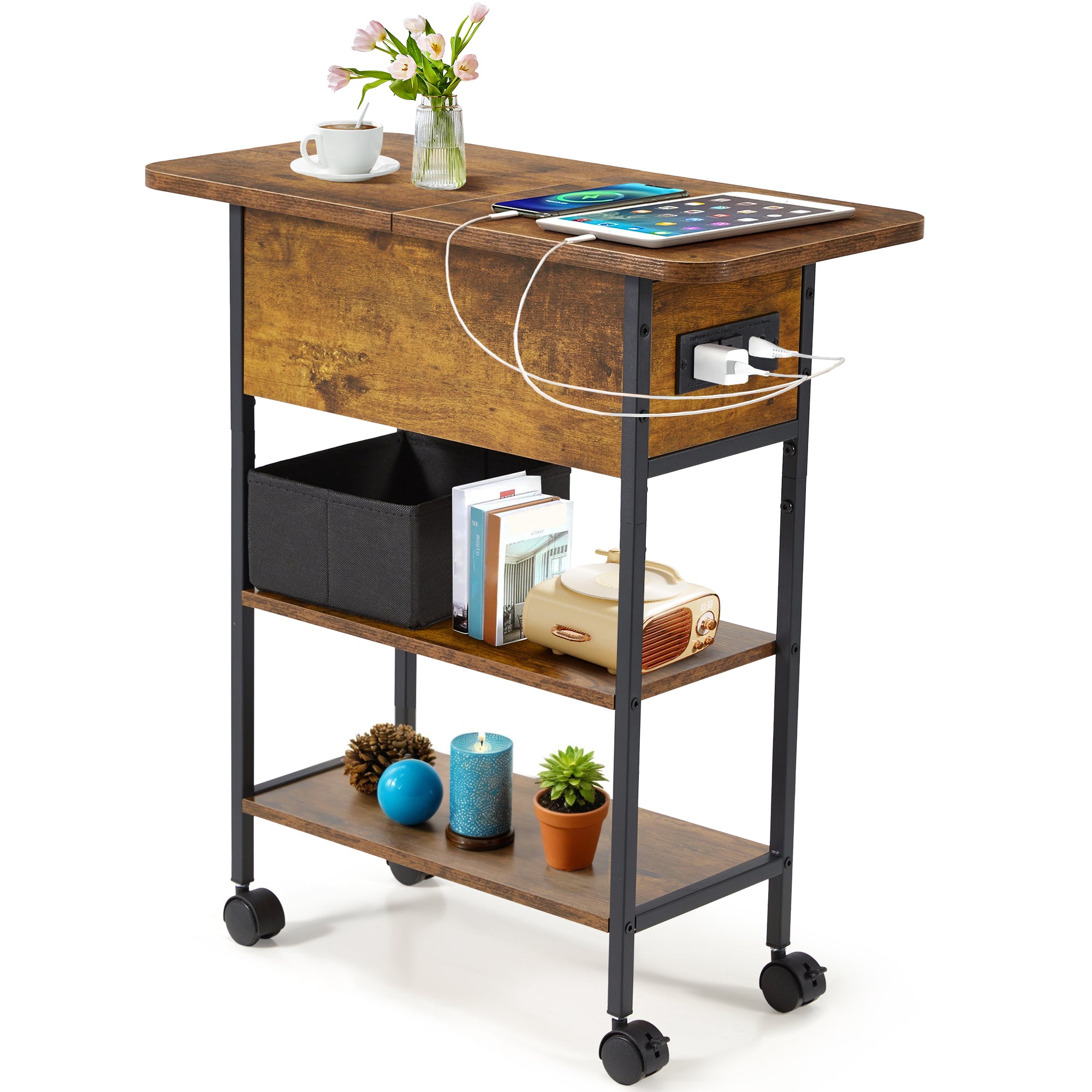 HOMREST Multi-Functional Flip Side Table, 360° Swivel Wheels & Storage Shelf for Living Room/Bedroom, Rustic Brown Wood End Table, Brown