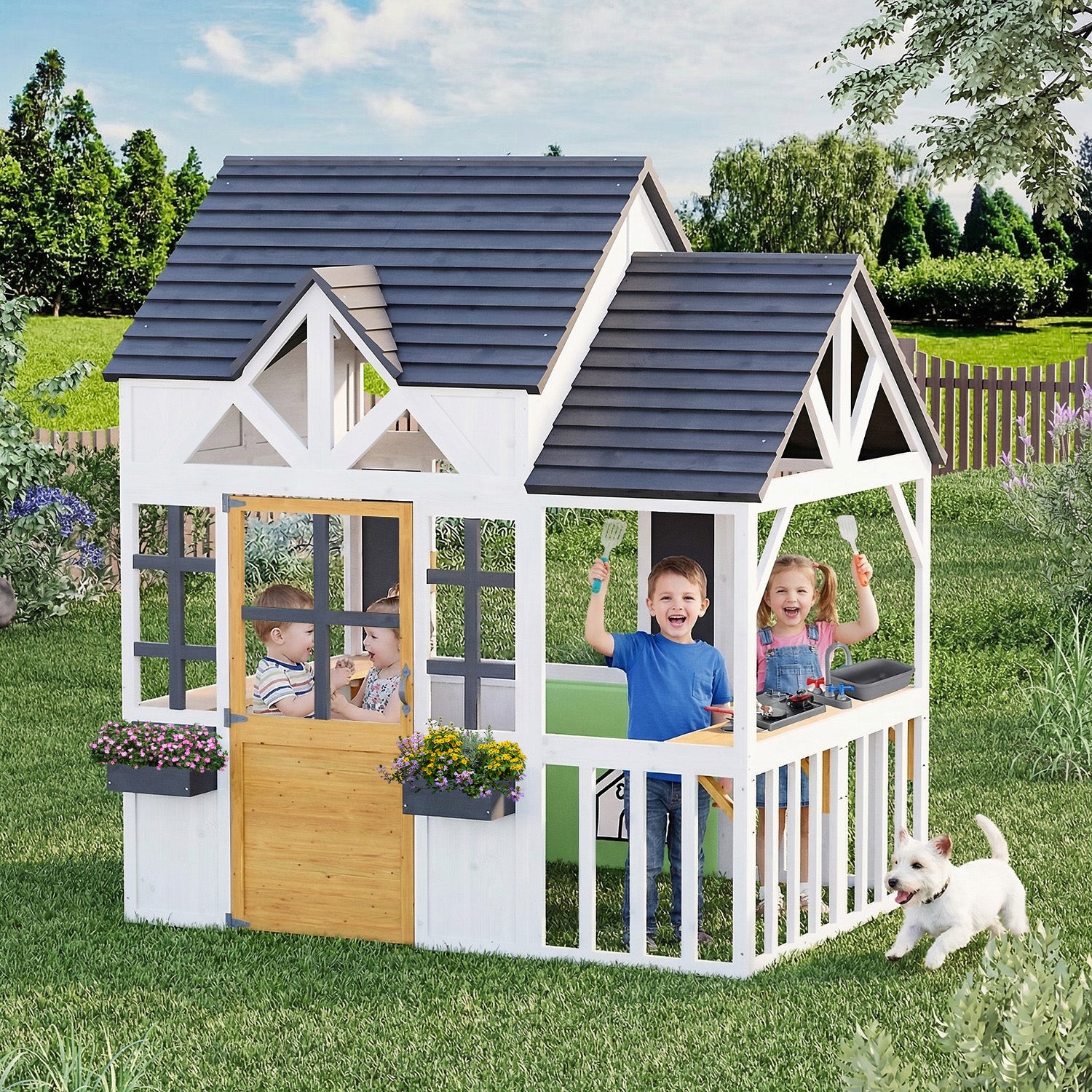 HOMREST Outdoor Play House for Kids, Elevated Roof Wooden Kids Playhouse with Kitchen Toys, Blackboard,Magnetic Door, Flowerpot Holders, Pet Hole, Clock,Black and White