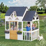 HOMREST Outdoor Play House for Kids, Elevated Roof Wooden Kids Playhouse with Kitchen Toys, Blackboard,Magnetic Door, Flowerpot Holders, Pet Hole, Clock,Black and White
