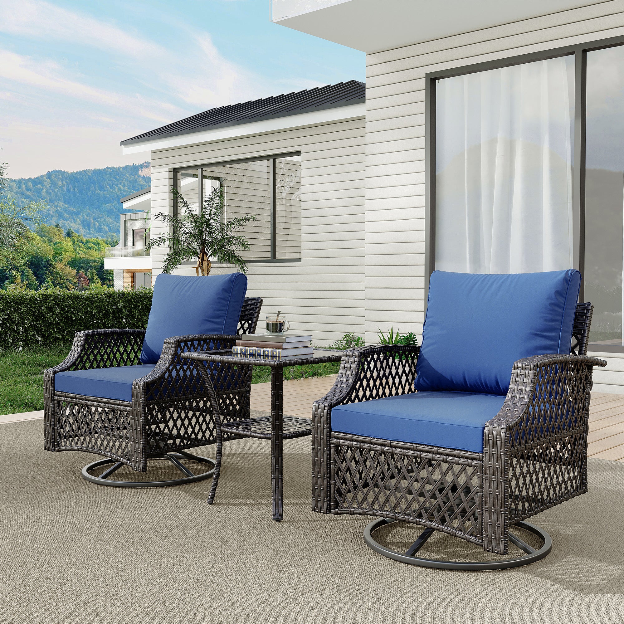 HOMREST 3 Piece Outdoor Swivel Chair Set, Patio Furniture Conversation Set for Deck, Yard, Garden, Poolside(Navy Blue)