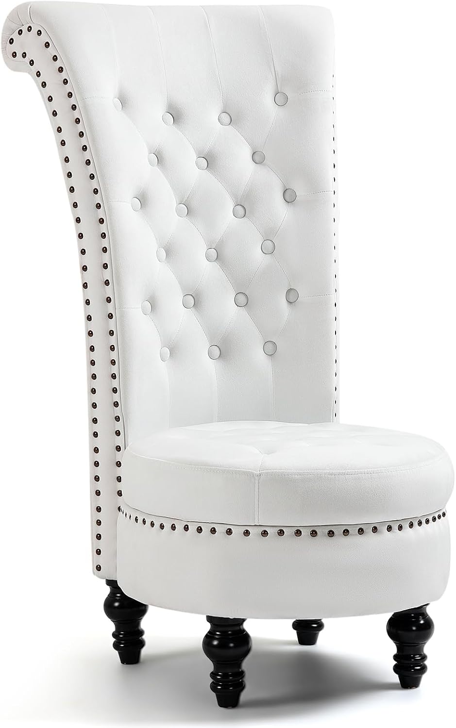 HOMREST High Back Throne Chair, Velvet Armless Royal Accent Chair w/Storage, Nailhead Trim & Rubberwood Legs for Living Room & Bedroom, White