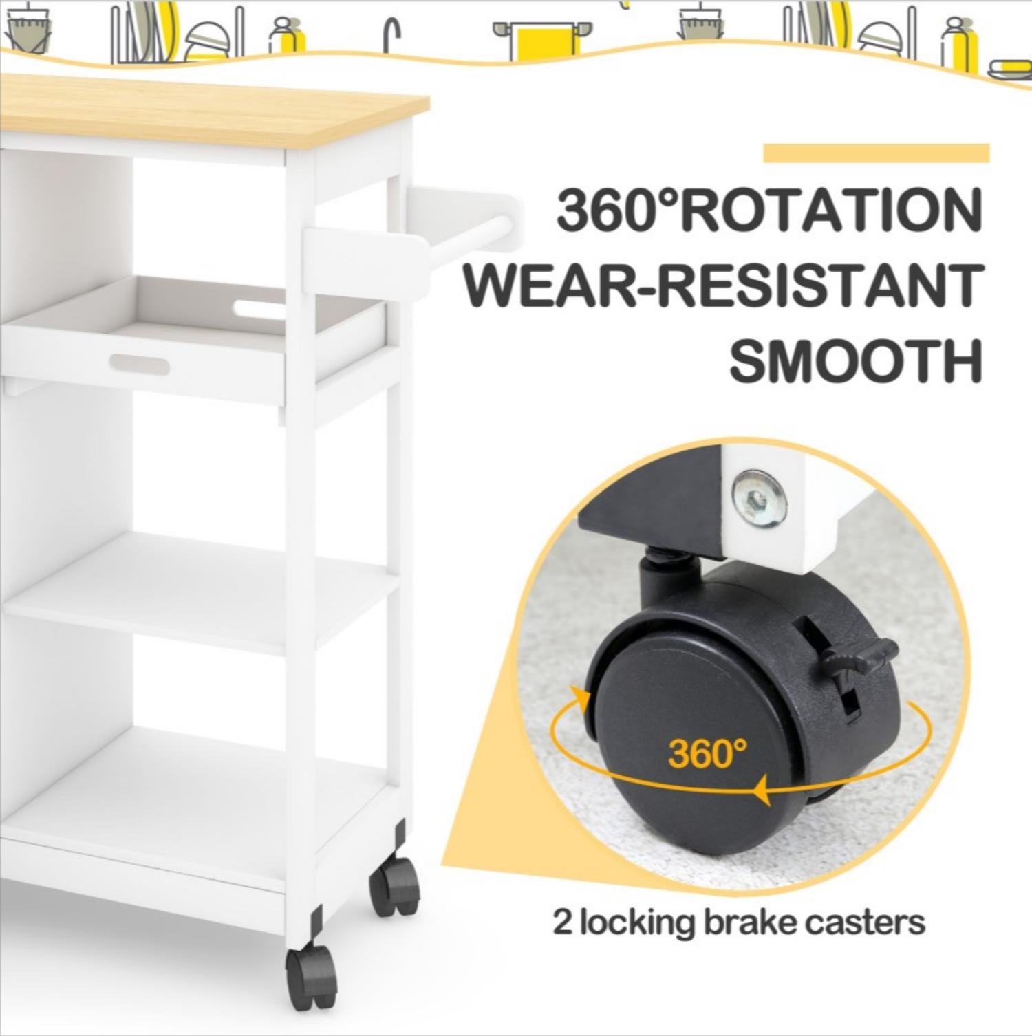 Homrest kitchen island on wheels, 360° rotation wear-resistant smooth and 2 locking brake casters.