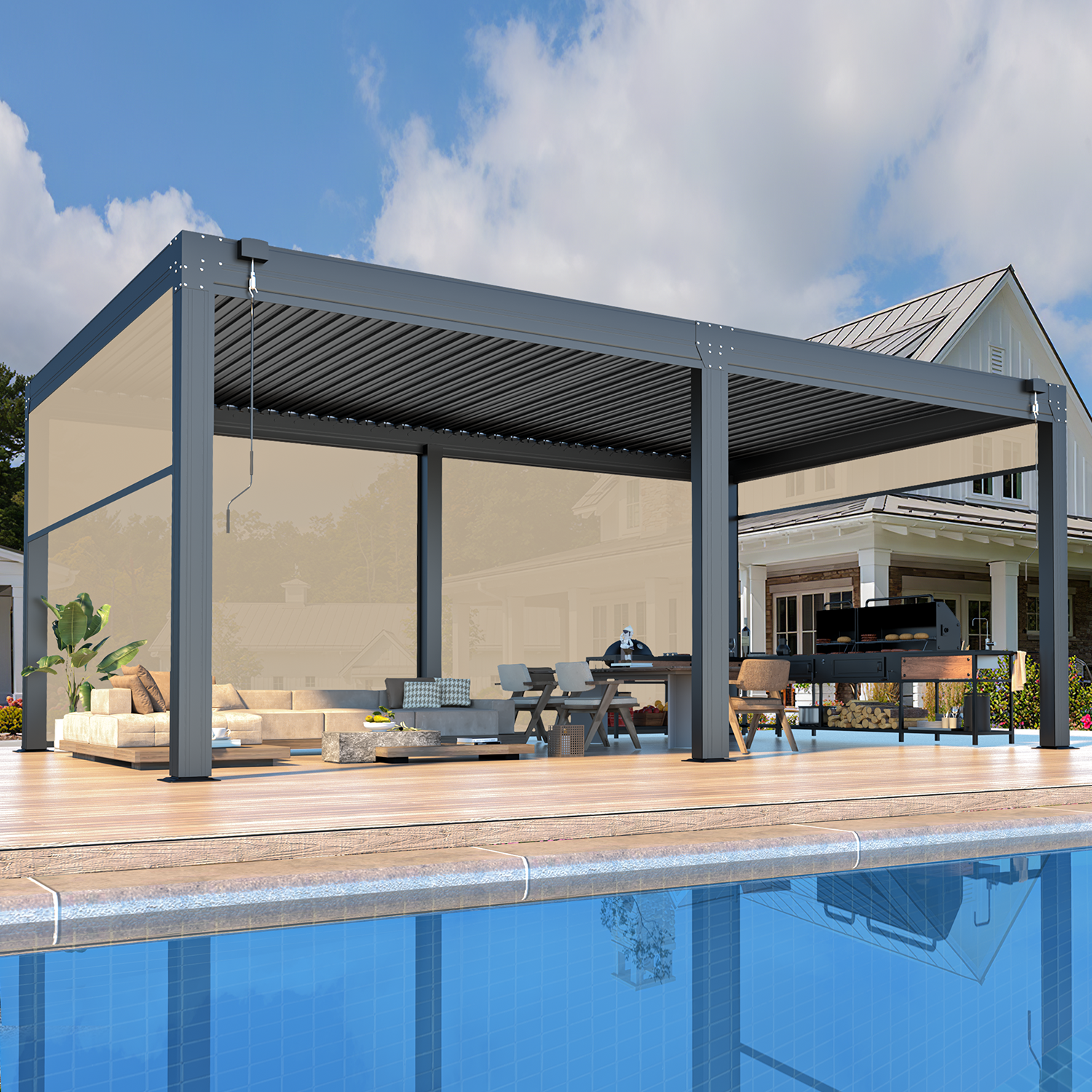 HOMREST 12x20FT Louvered Pergola with 6-Panel Pull-Down Screen, Dark Gray