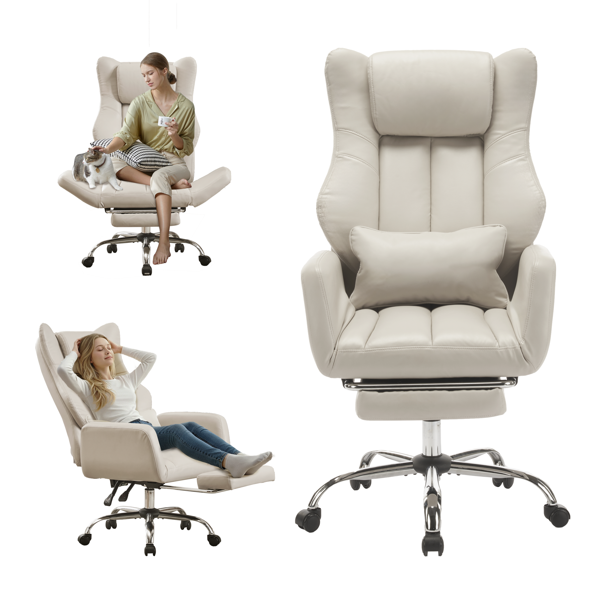 HOMREST Ergonomic Cross Legged Office Chair with Footrest,Big and Tall Leather Executive Chair with Reversible Armrest,Lumbar Pillow and Wheels,155° Reclining Computer Wide Desk Chair for Home,Office (Beige)