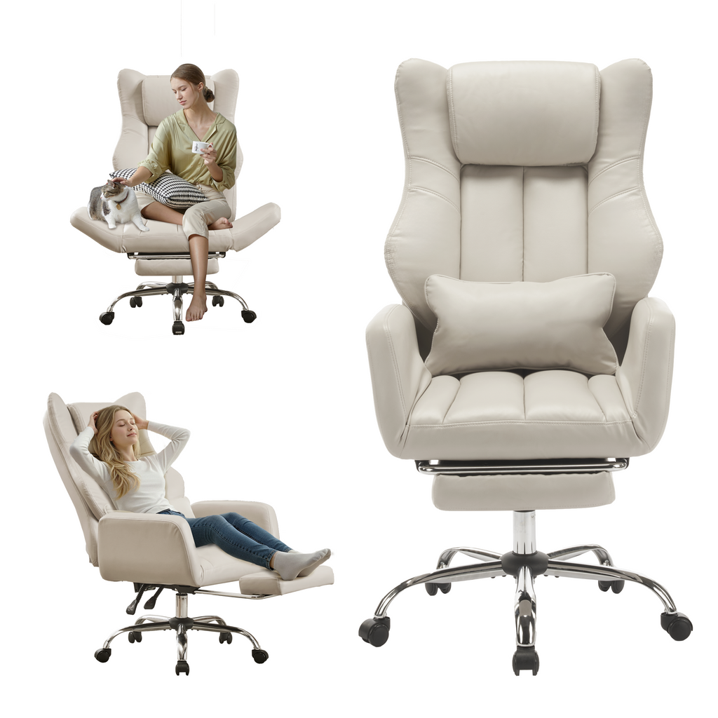 HOMREST Ergonomic Cross Legged Office Chair with Footrest,Big and Tall Leather Executive Chair with Reversible Armrest,Lumbar Pillow and Wheels,155° Reclining Computer Wide Desk Chair for Home,Office (Beige)