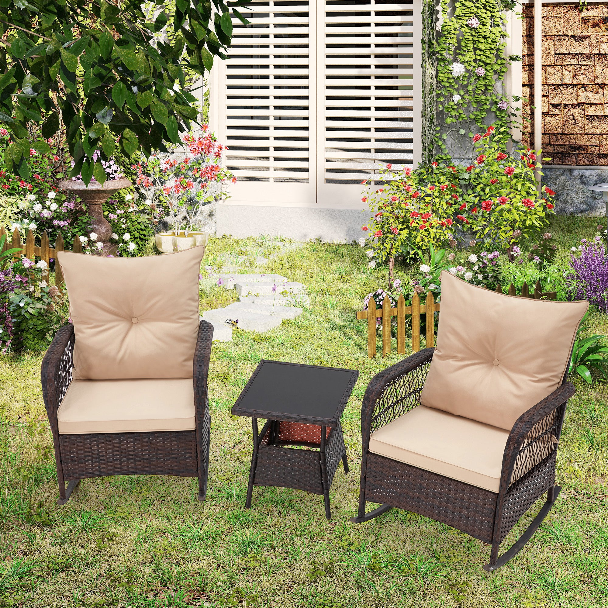 HOMREST 3 pcs Rocking Bistro Set, Outdoor PE Rattan Rocking Chairs with Tempered Glass Coffee Table