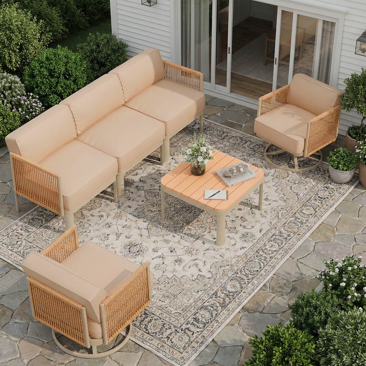HOMREST 5 Seats Patio Furniture Set,Outdoor Swivel Glider Rocking Chairs with 6" Thick Cushions, 3-seat & Coffee Table, Beige