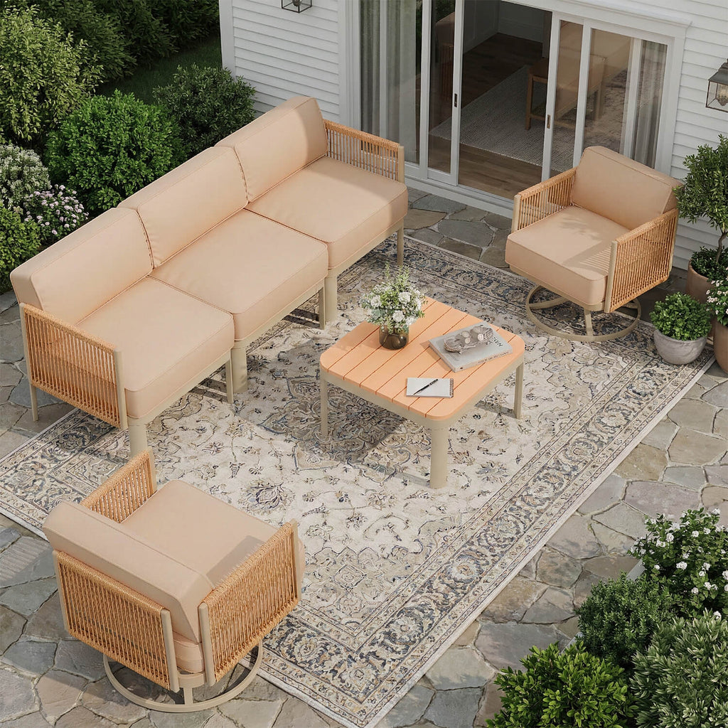 HOMREST 5 Seats Patio Furniture Set,Outdoor Swivel Glider Rocking Chairs with 6" Thick Cushions, 3-seat & Coffee Table, Beige